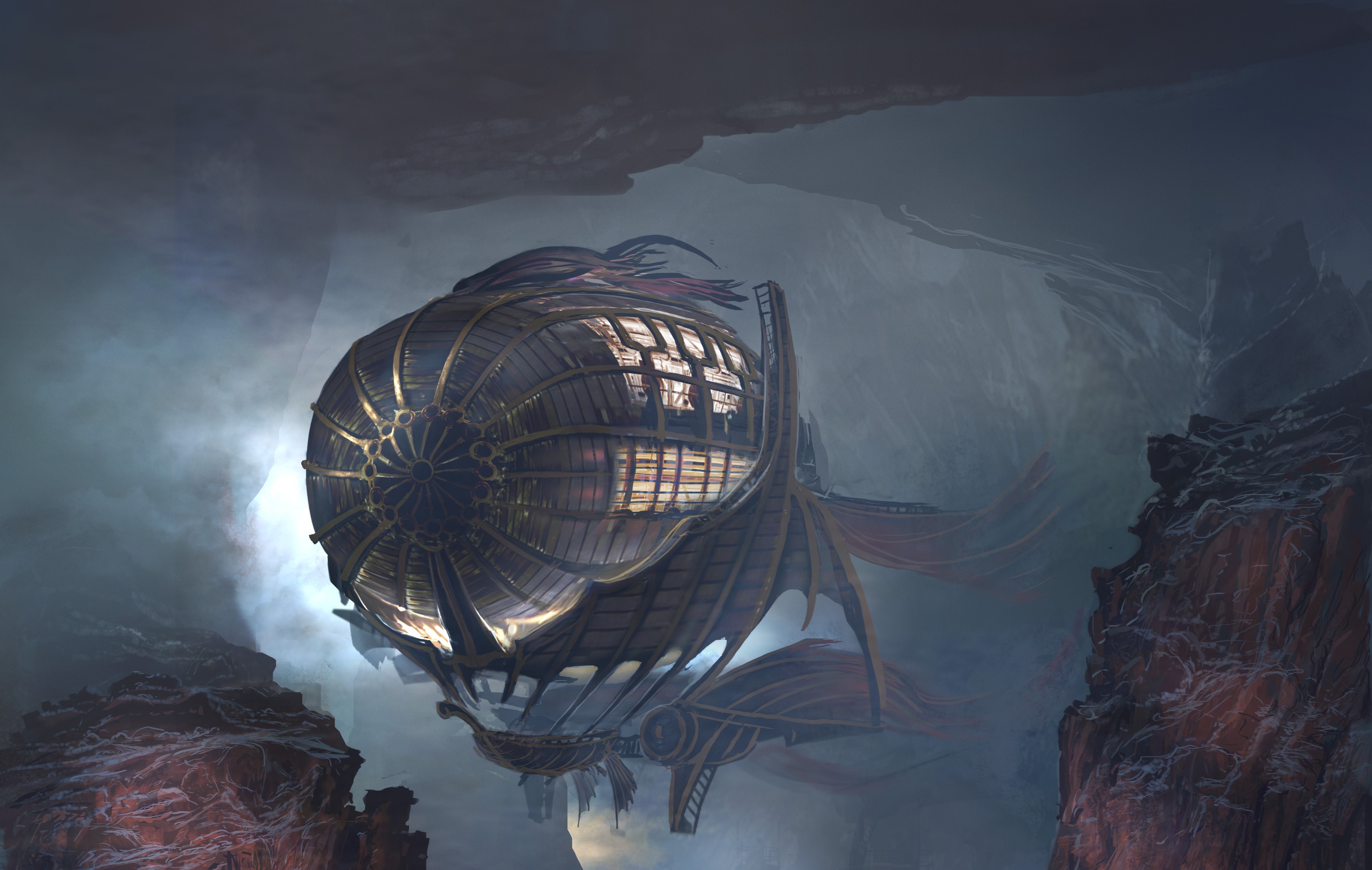 Steampunk Airship in a Rocky Canyon HD Wallpaper
