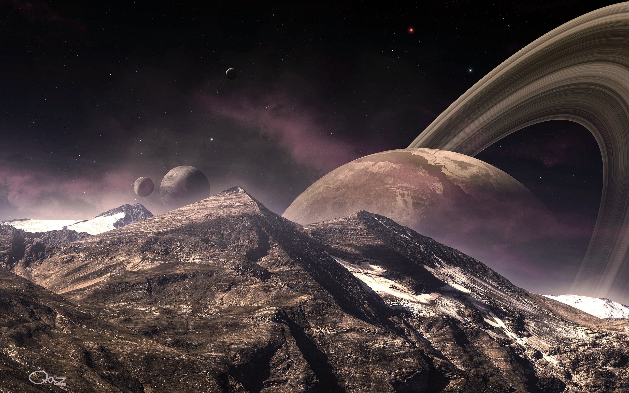 Alien planet surface with ringed planet and moons HD Wallpaper