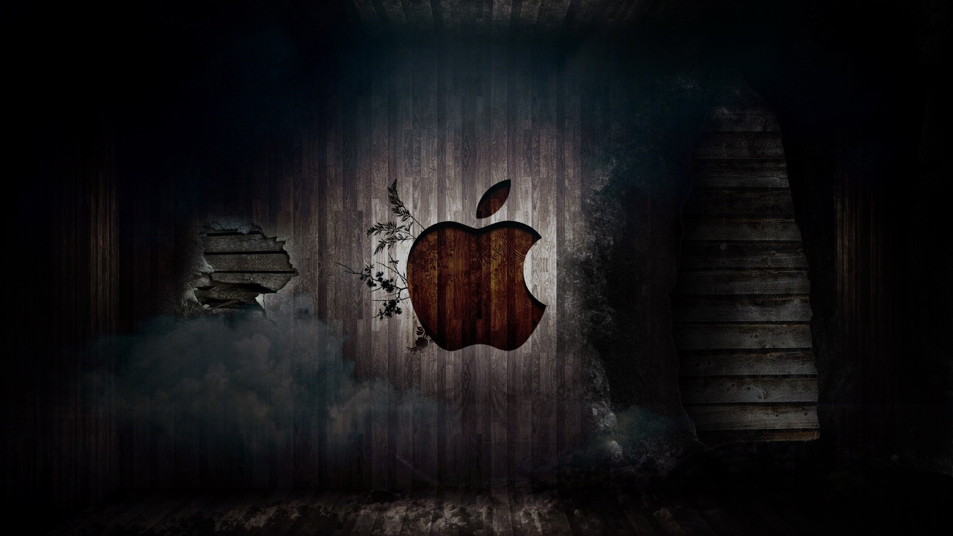 Apple logo on a wooden wall with holes HD Wallpaper