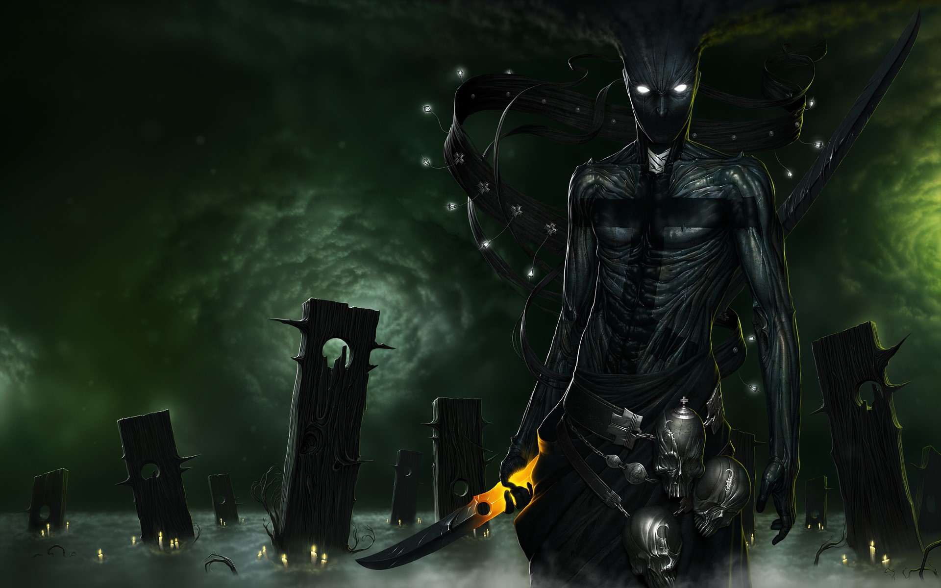 Dark creature with glowing eyes and flaming sword in graveyard HD Wallpaper
