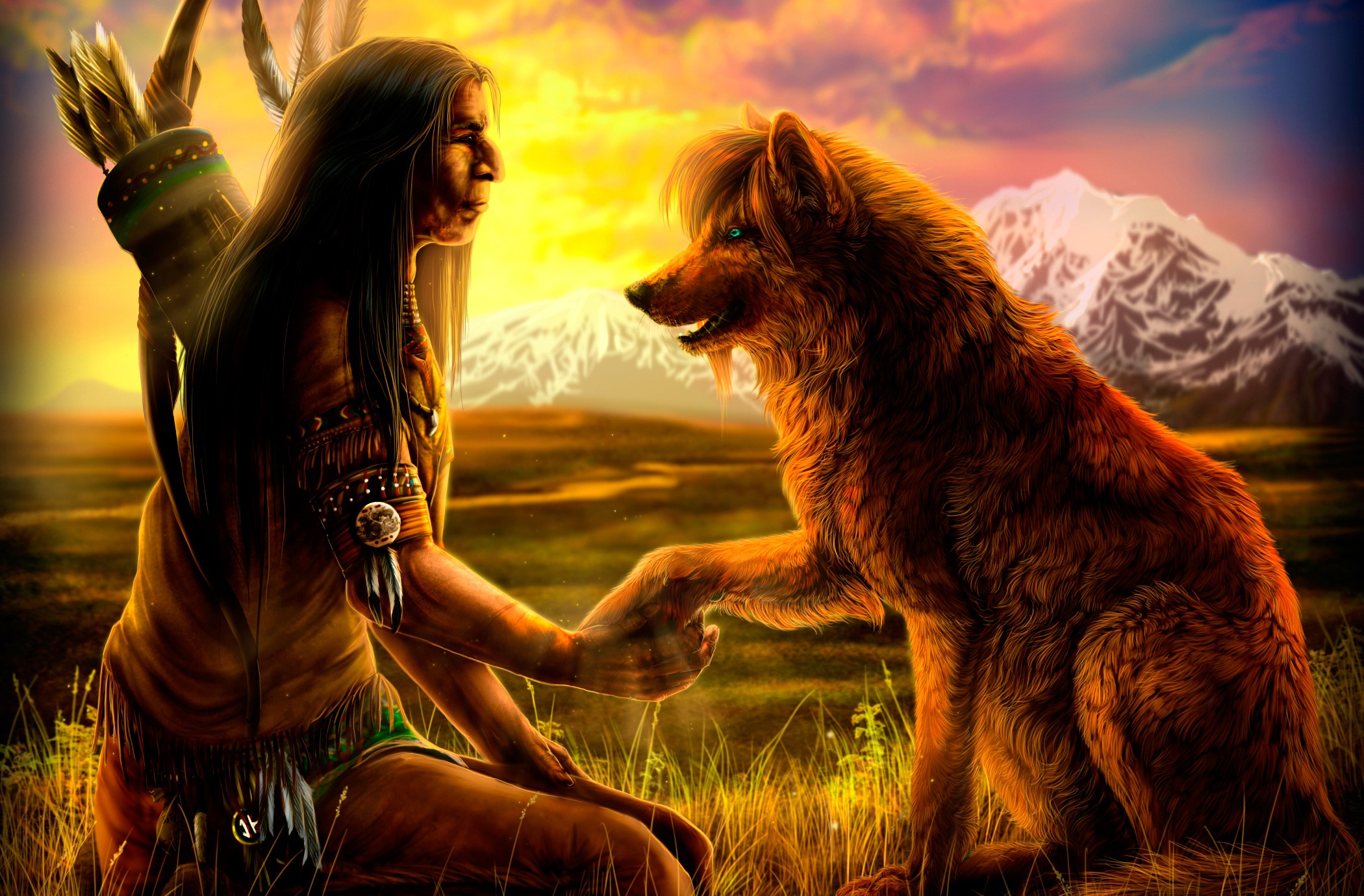 Native American warrior and wolf shaking hands at sunset HD Wallpaper