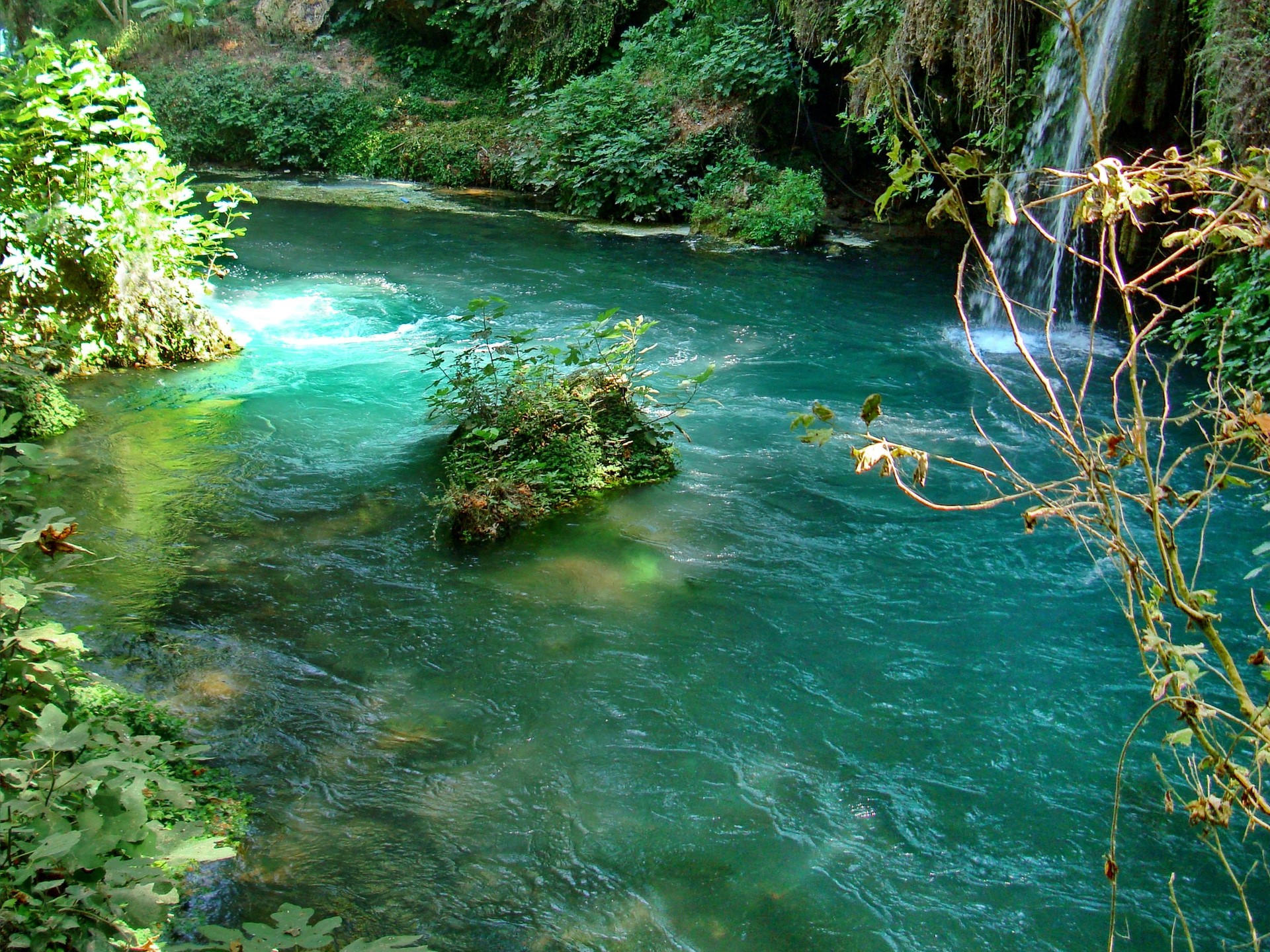 Turquoise river flowing through a forest with a waterfall HD Wallpaper