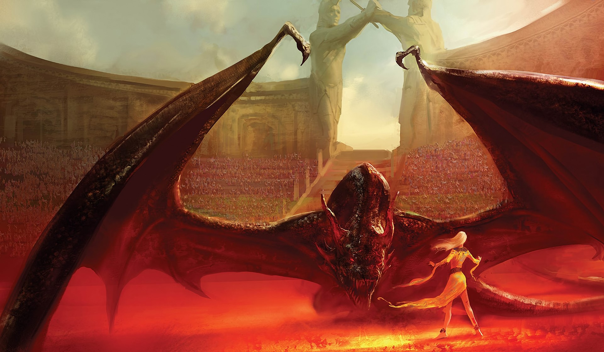 Dragon and woman in arena with statues HD Wallpaper