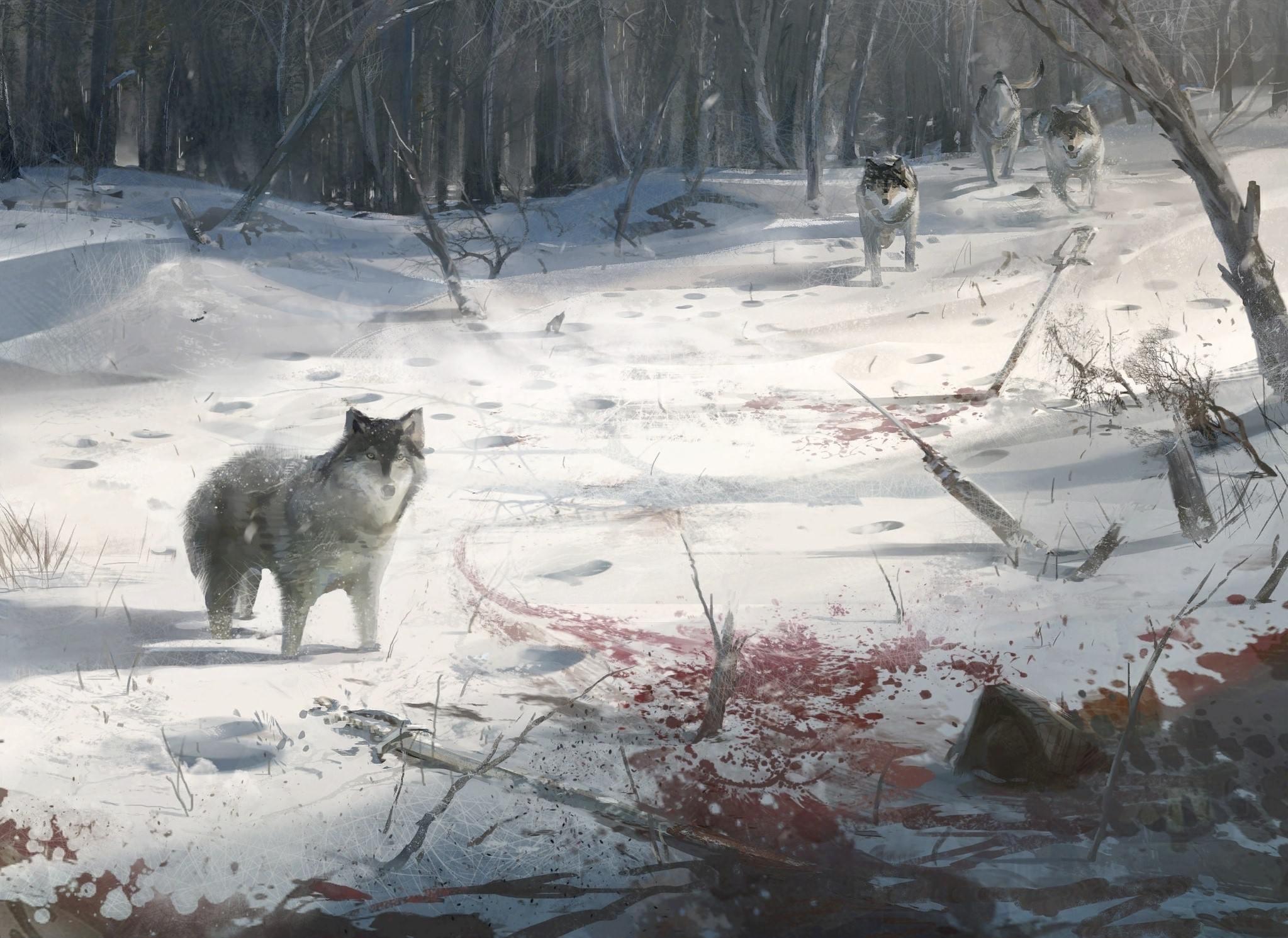 Wolves in a snowy forest with blood HD Wallpaper