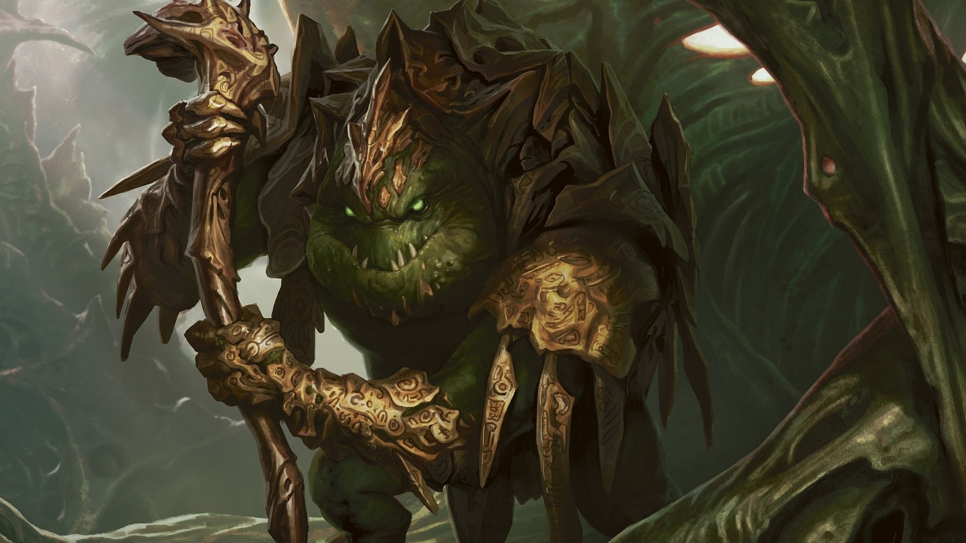 Green monster with golden armor holding a staff HD Wallpaper