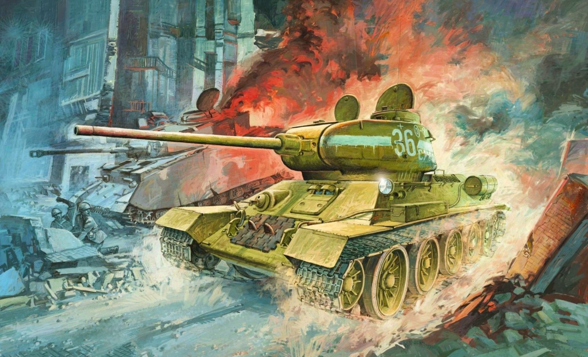 Painting of Soviet T-34 tanks in urban combat HD Wallpaper