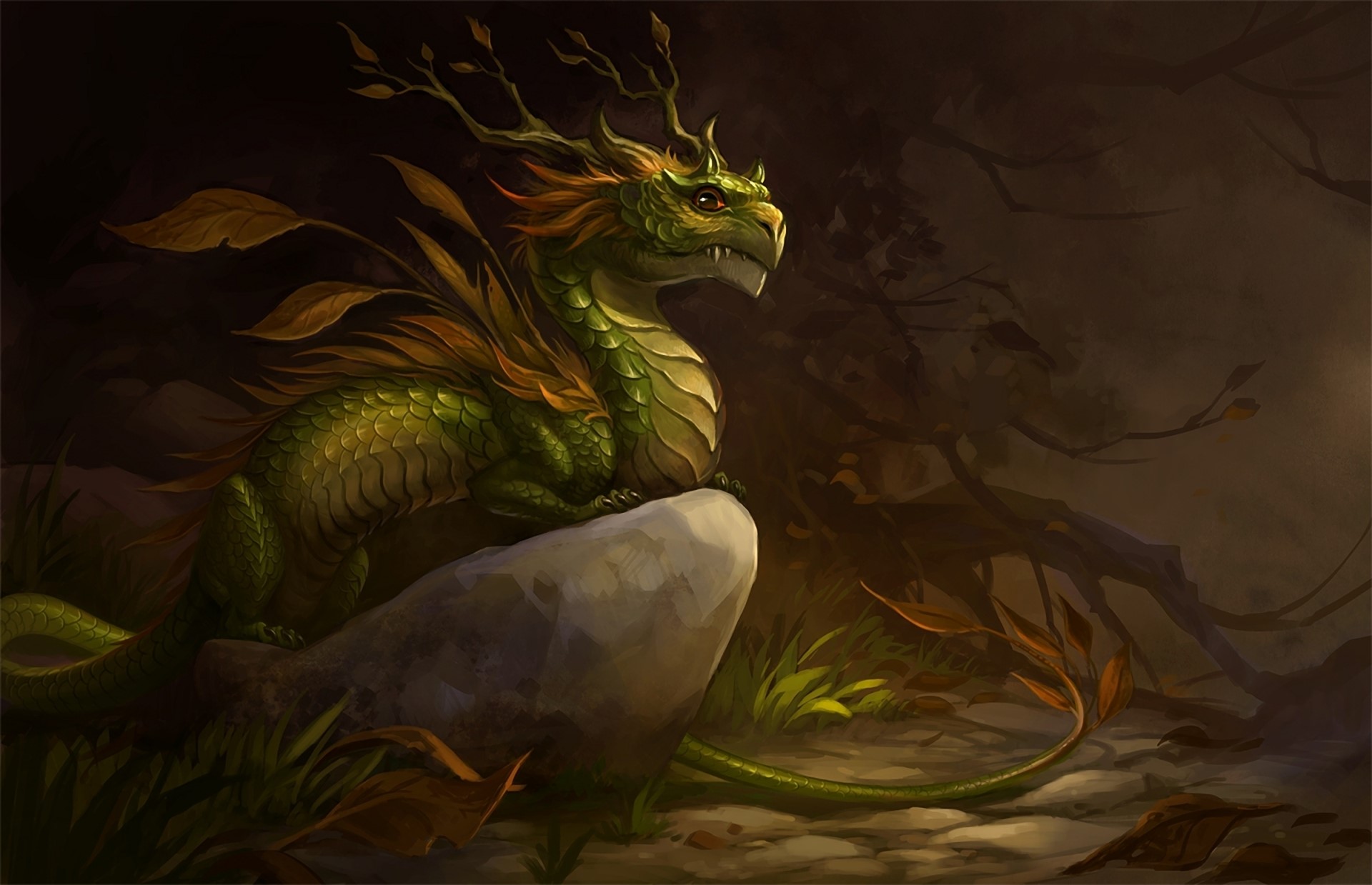 Green dragon with leaves on a rock HD Wallpaper