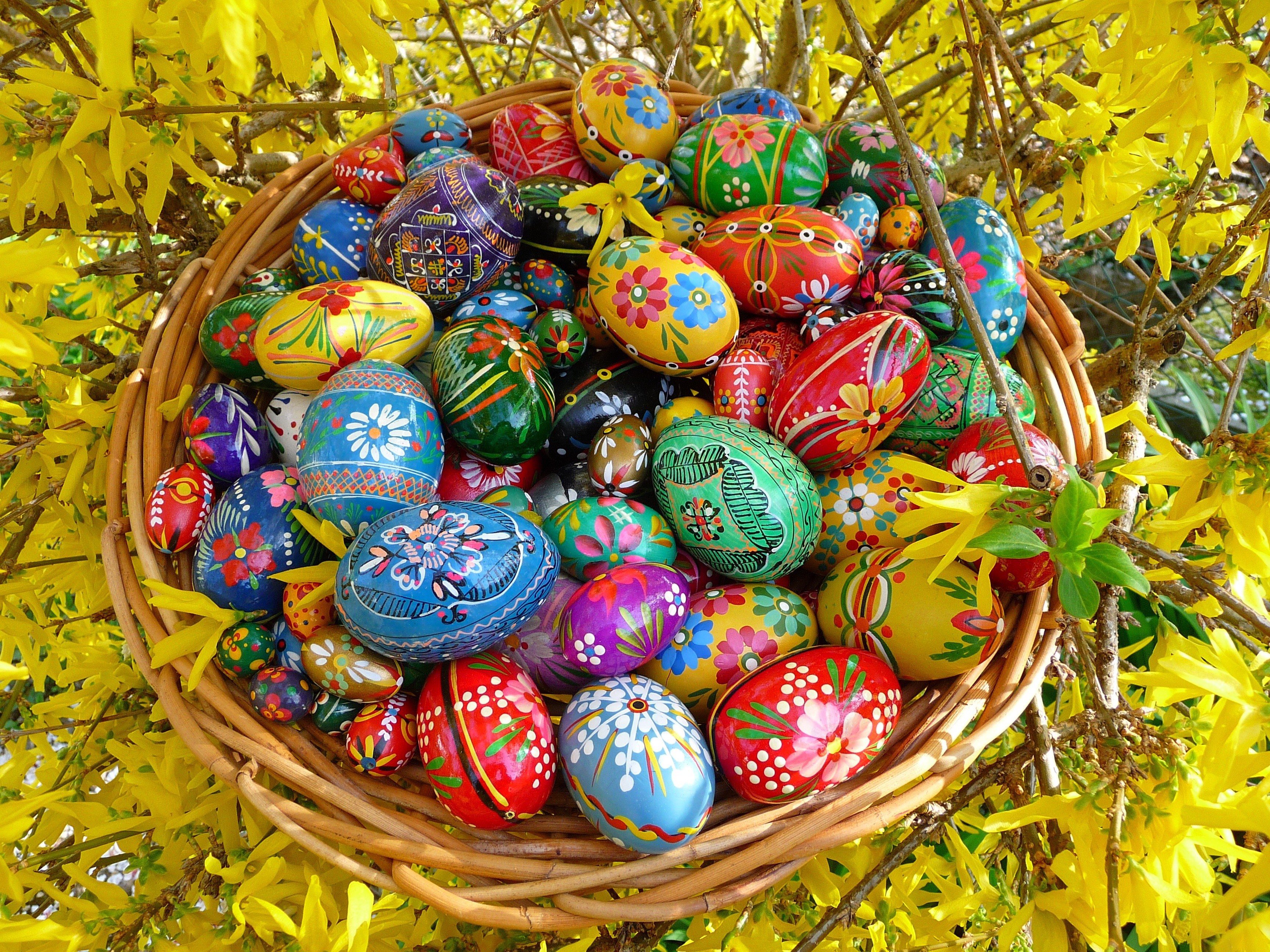 Easter Eggs in a Basket with Yellow Flowers HD Wallpaper