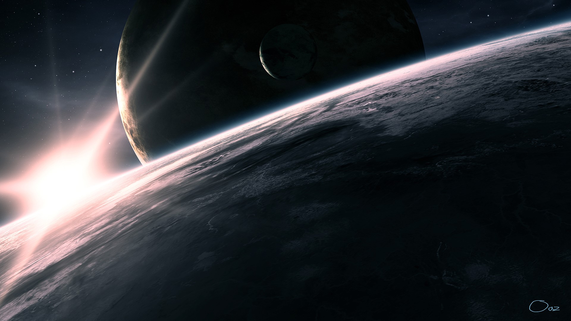 Sunrise over alien planet with moon and star HD Wallpaper