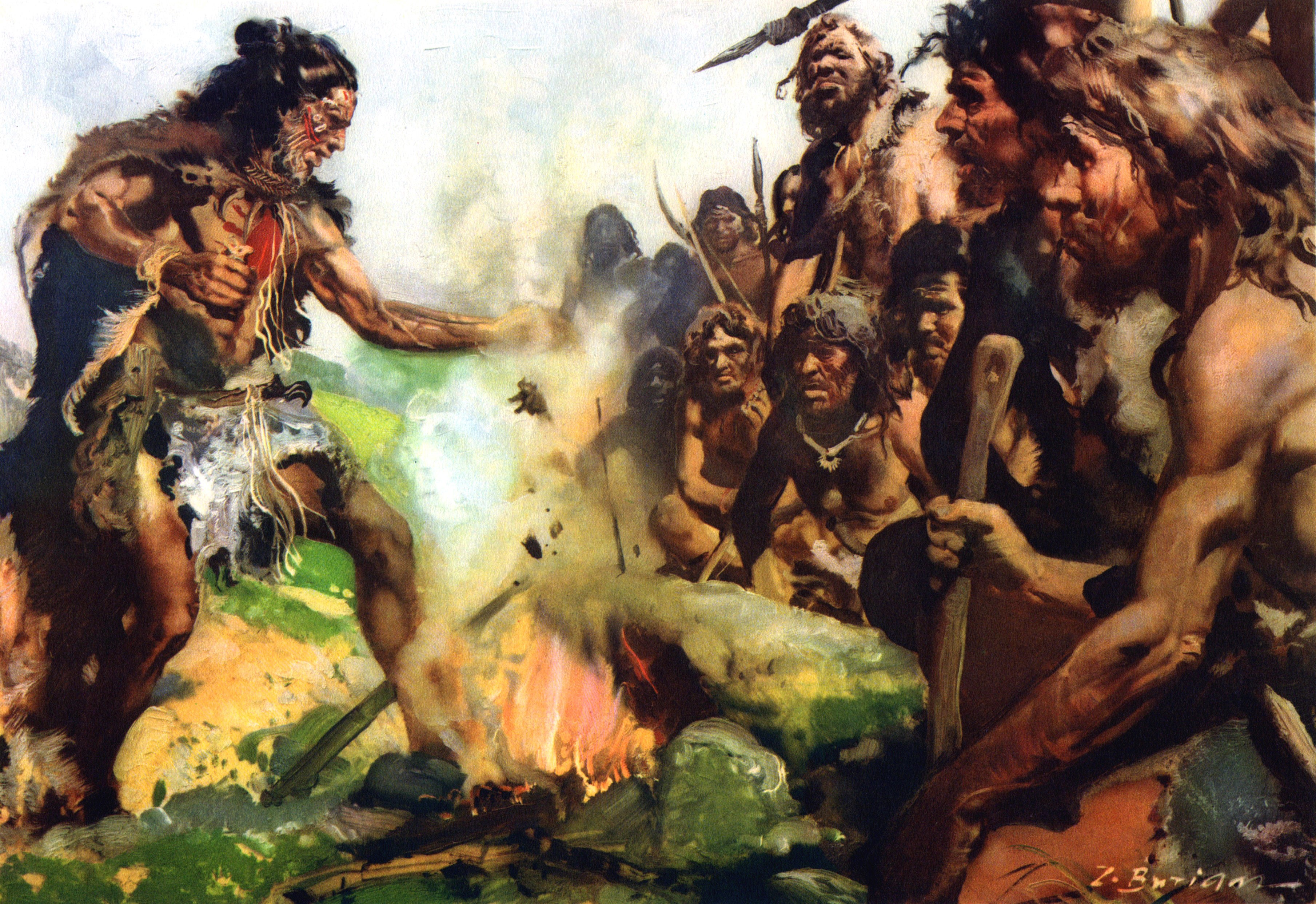 Prehistoric people gathered around a fire HD Wallpaper