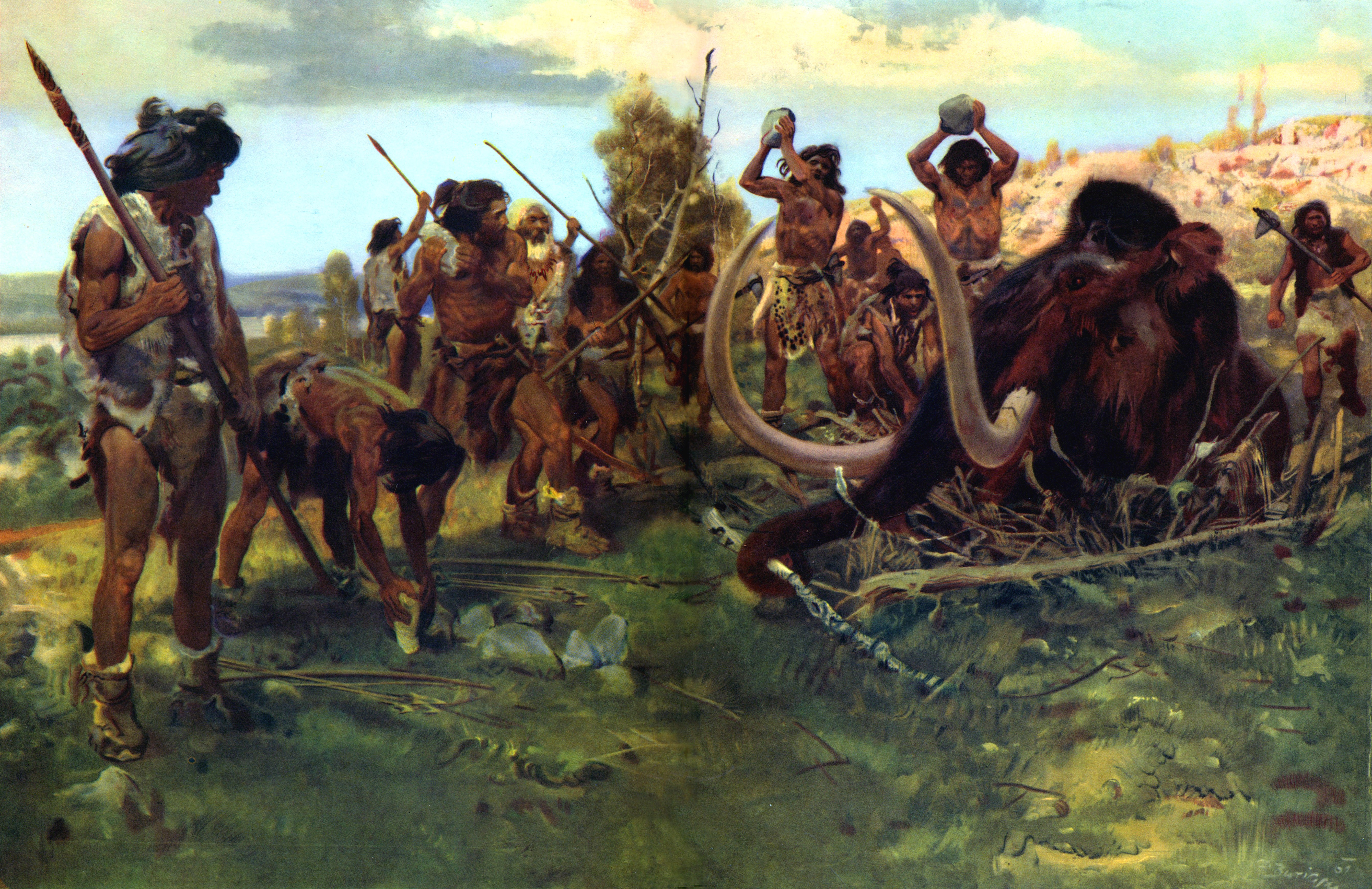 Zdenek Burian's Mammoth Hunt Painting HD Wallpaper