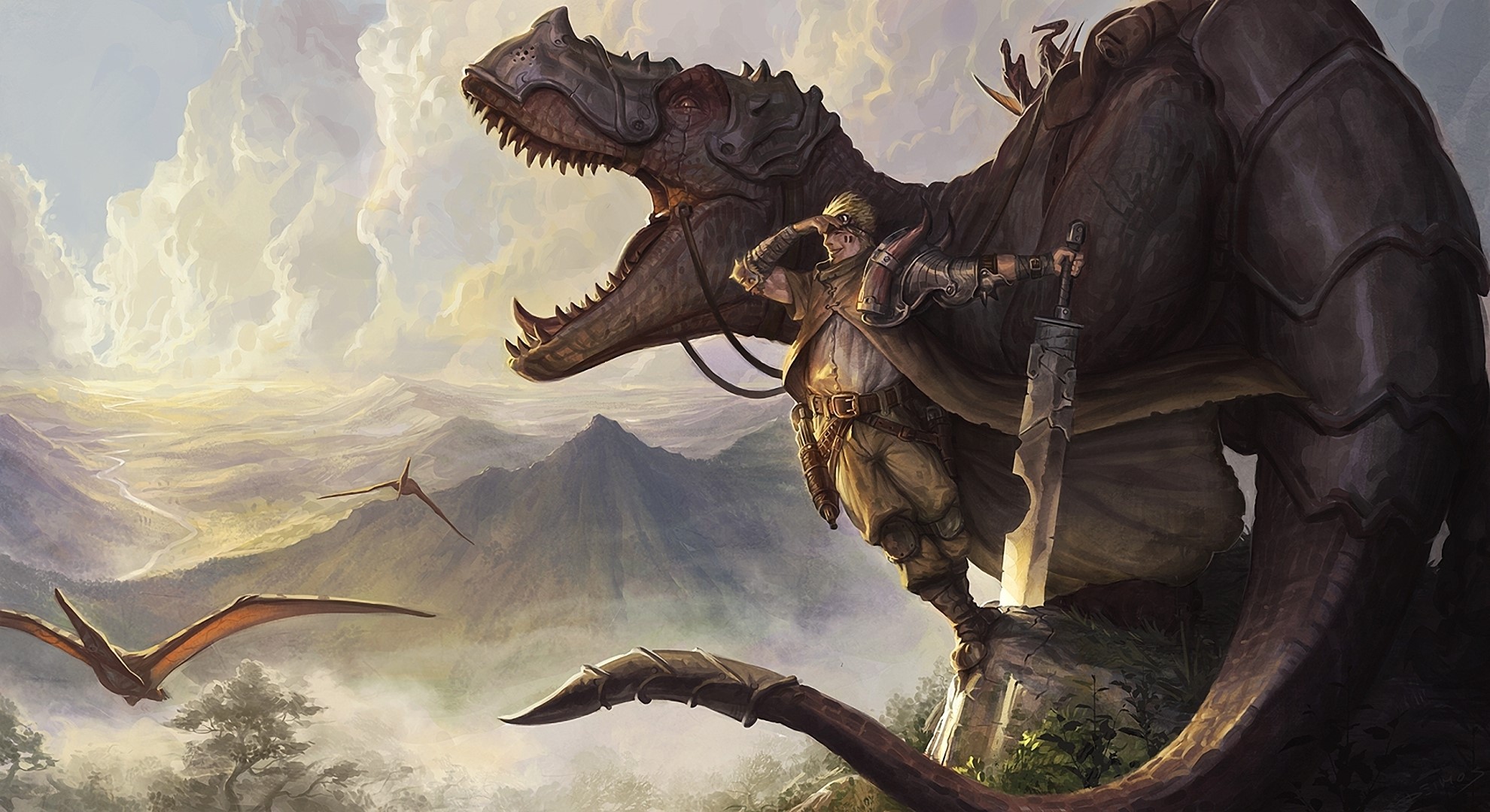 Warrior riding a dinosaur with pterodactyls flying HD Wallpaper