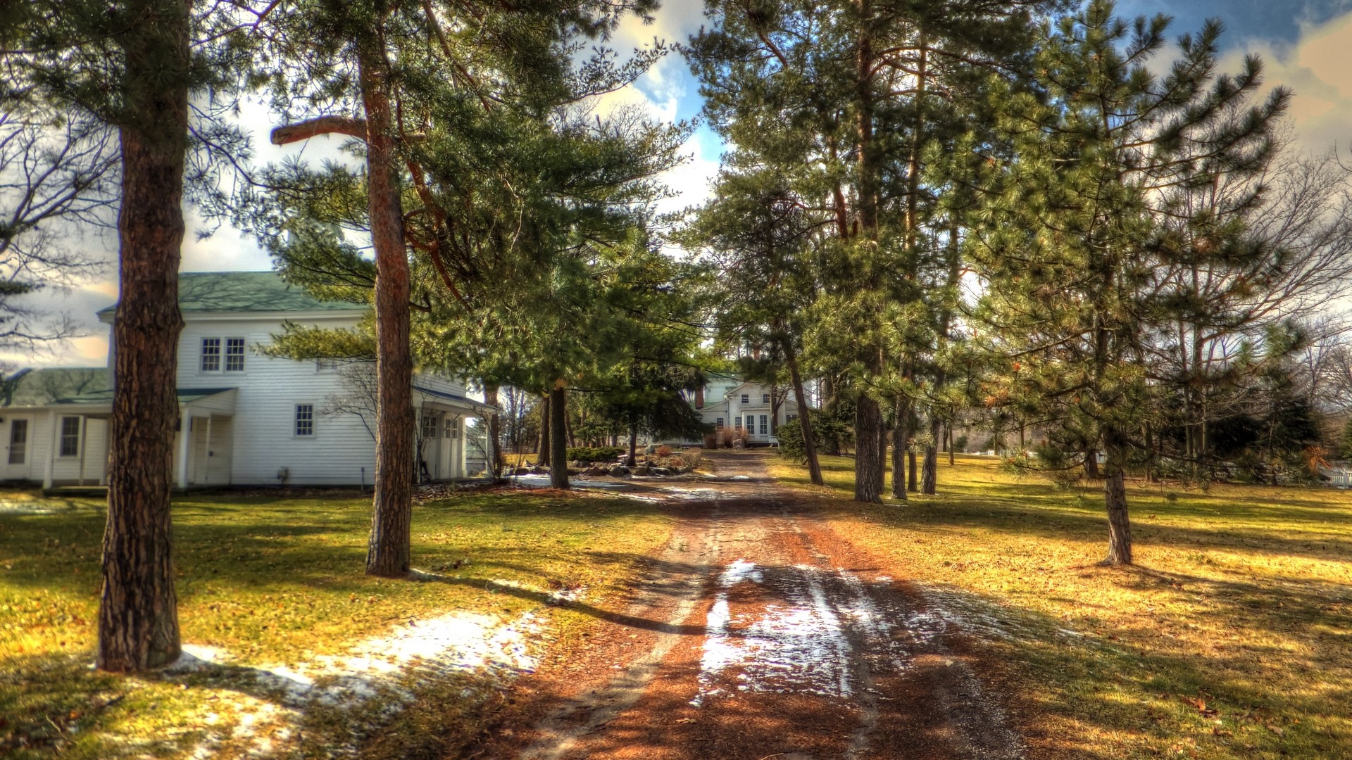 White house with trees and dirt road in Michigan HD Wallpaper