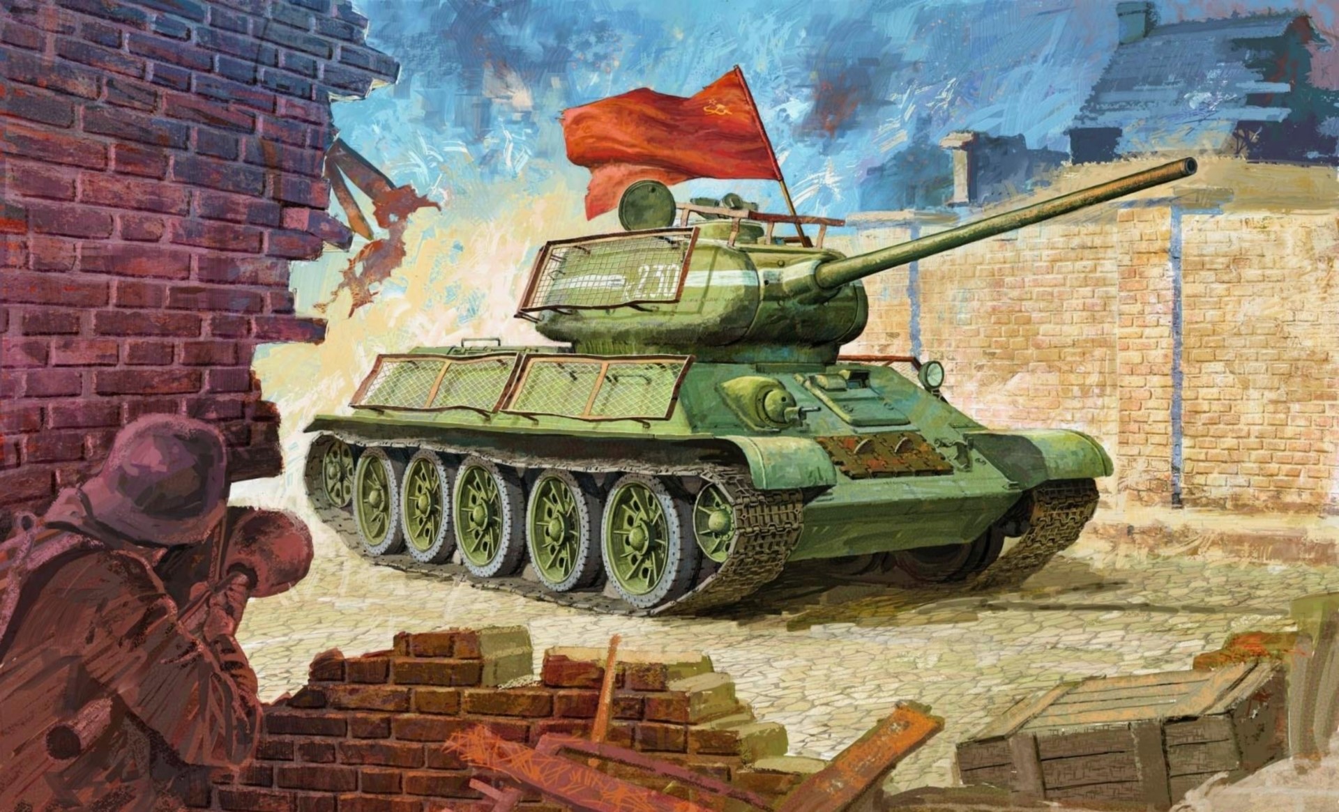 Soviet T-34 Tank with Red Flag in Ruined City HD Wallpaper