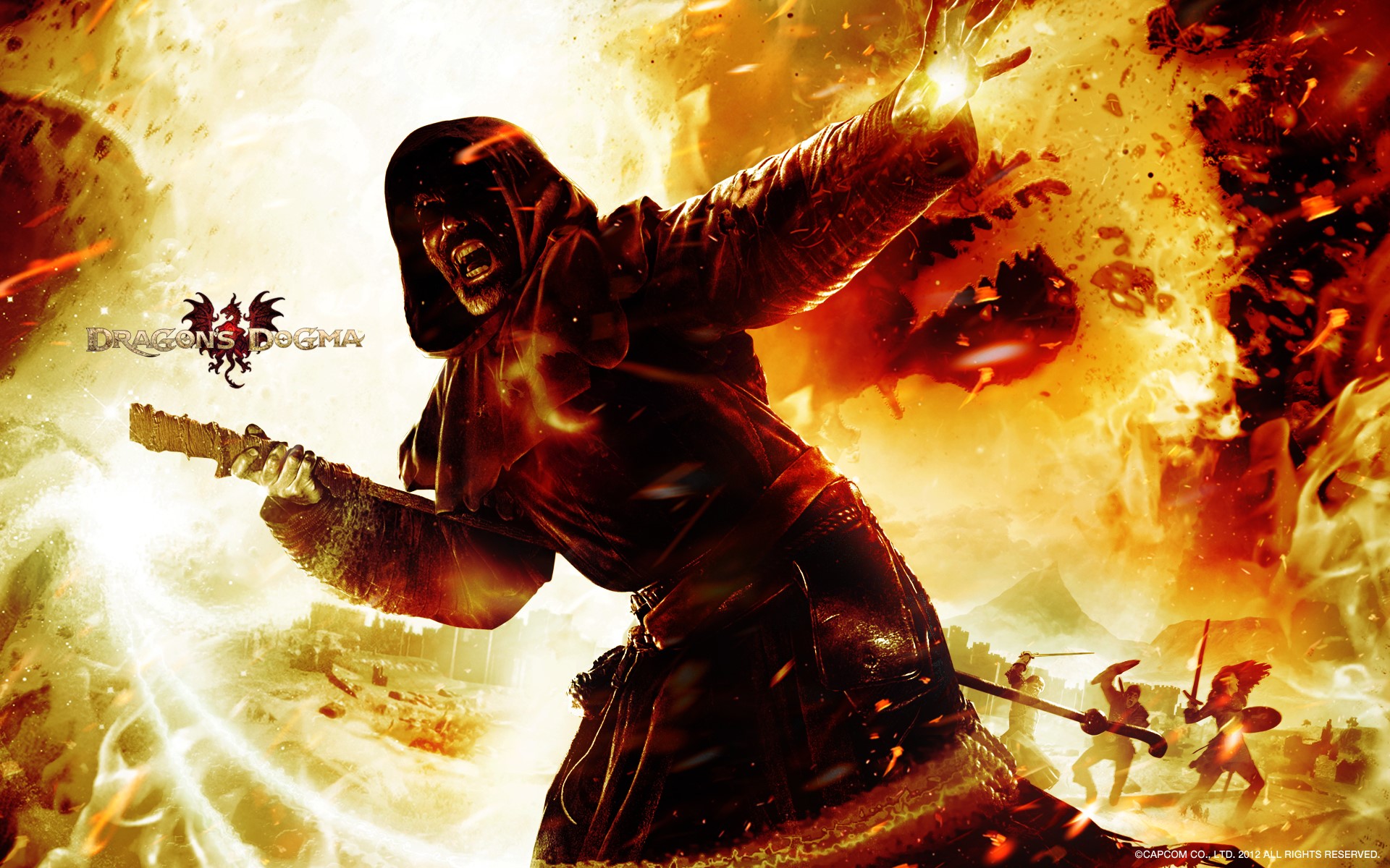Dragon's Dogma Sorcerer casting spell with warriors fighting HD Wallpaper