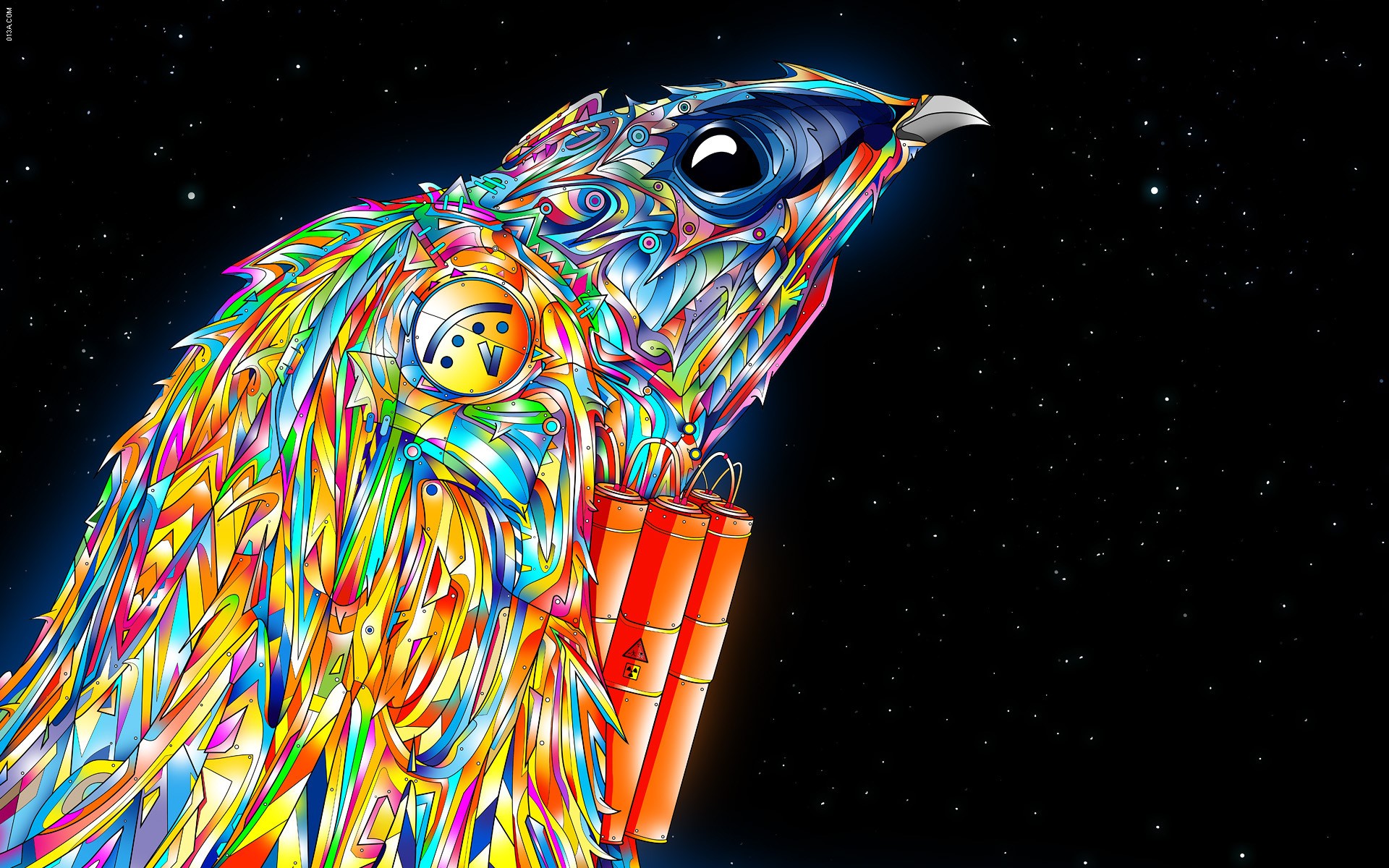Colorful abstract bird with dynamite in space HD Wallpaper