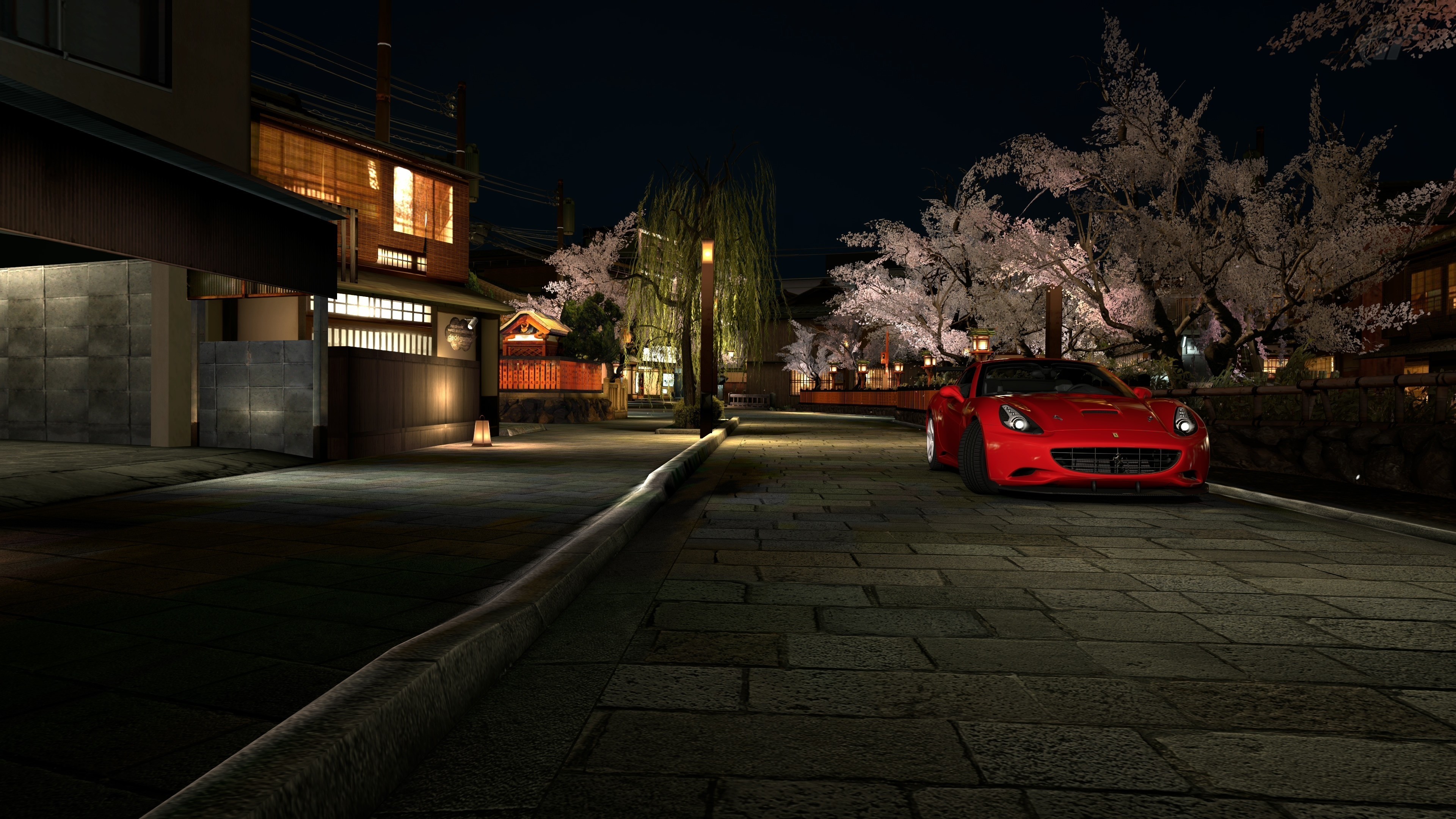 Red Ferrari on a Japanese Street at Night HD Wallpaper