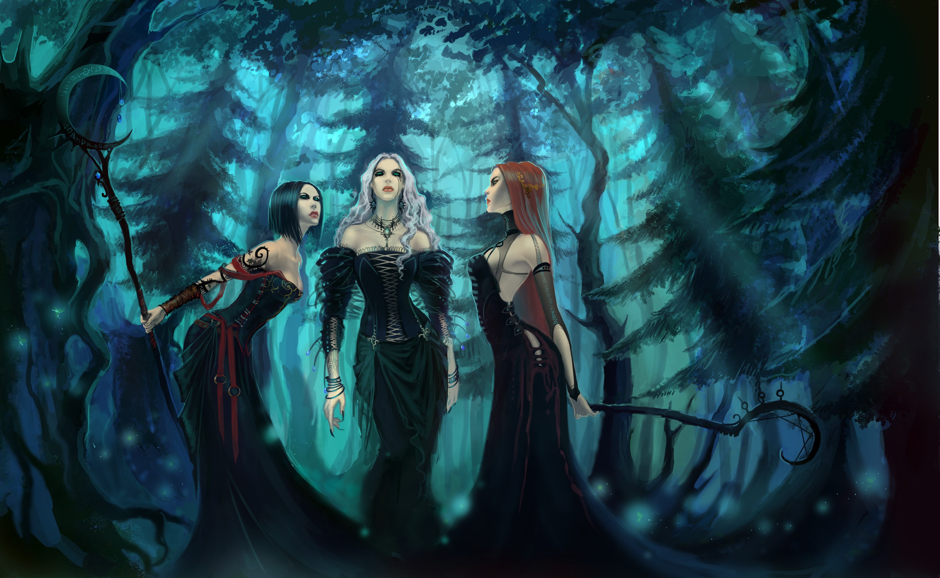 Three gothic witches in a dark forest HD Wallpaper