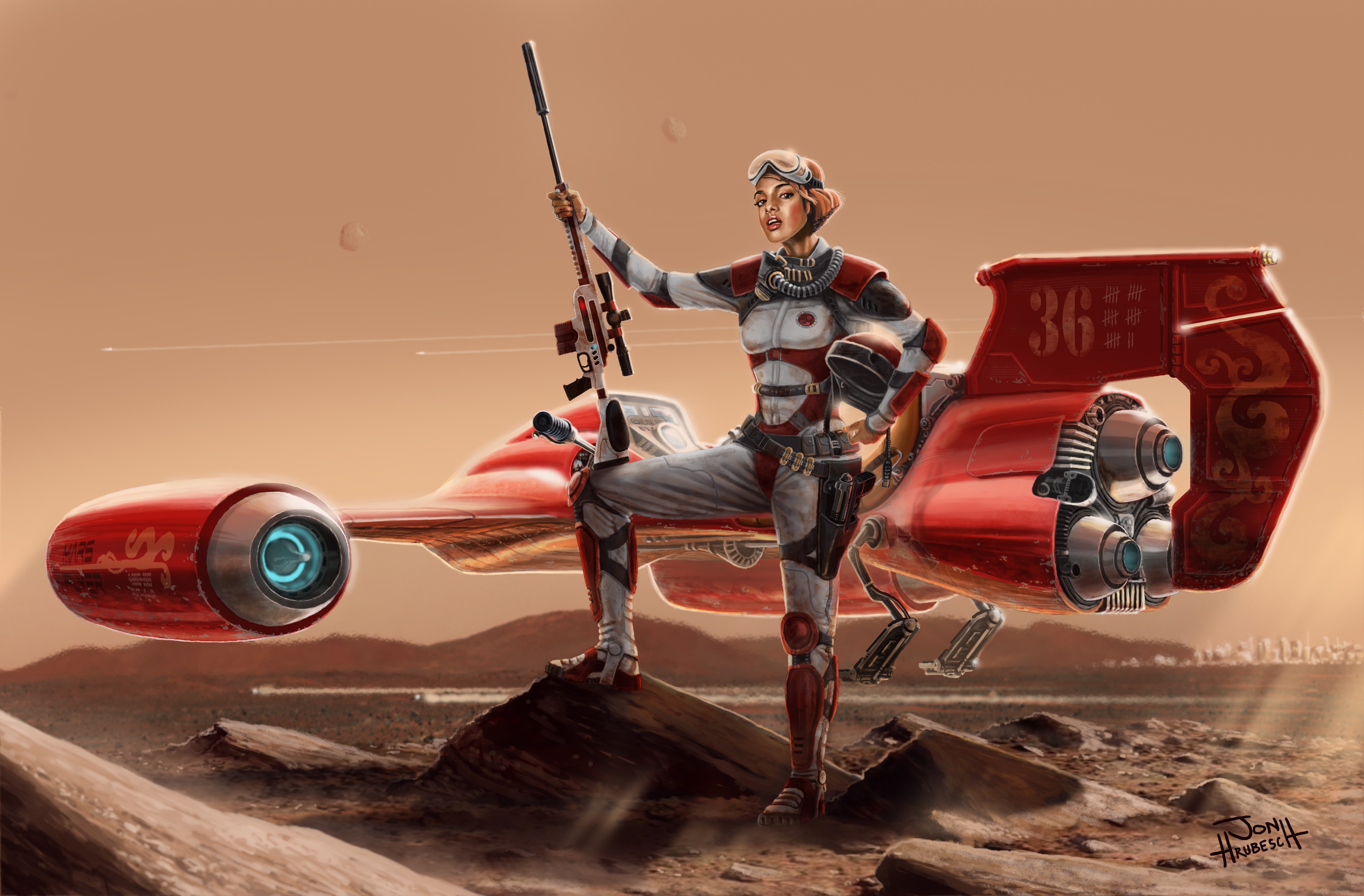 Woman with rifle and speeder on alien planet HD Wallpaper