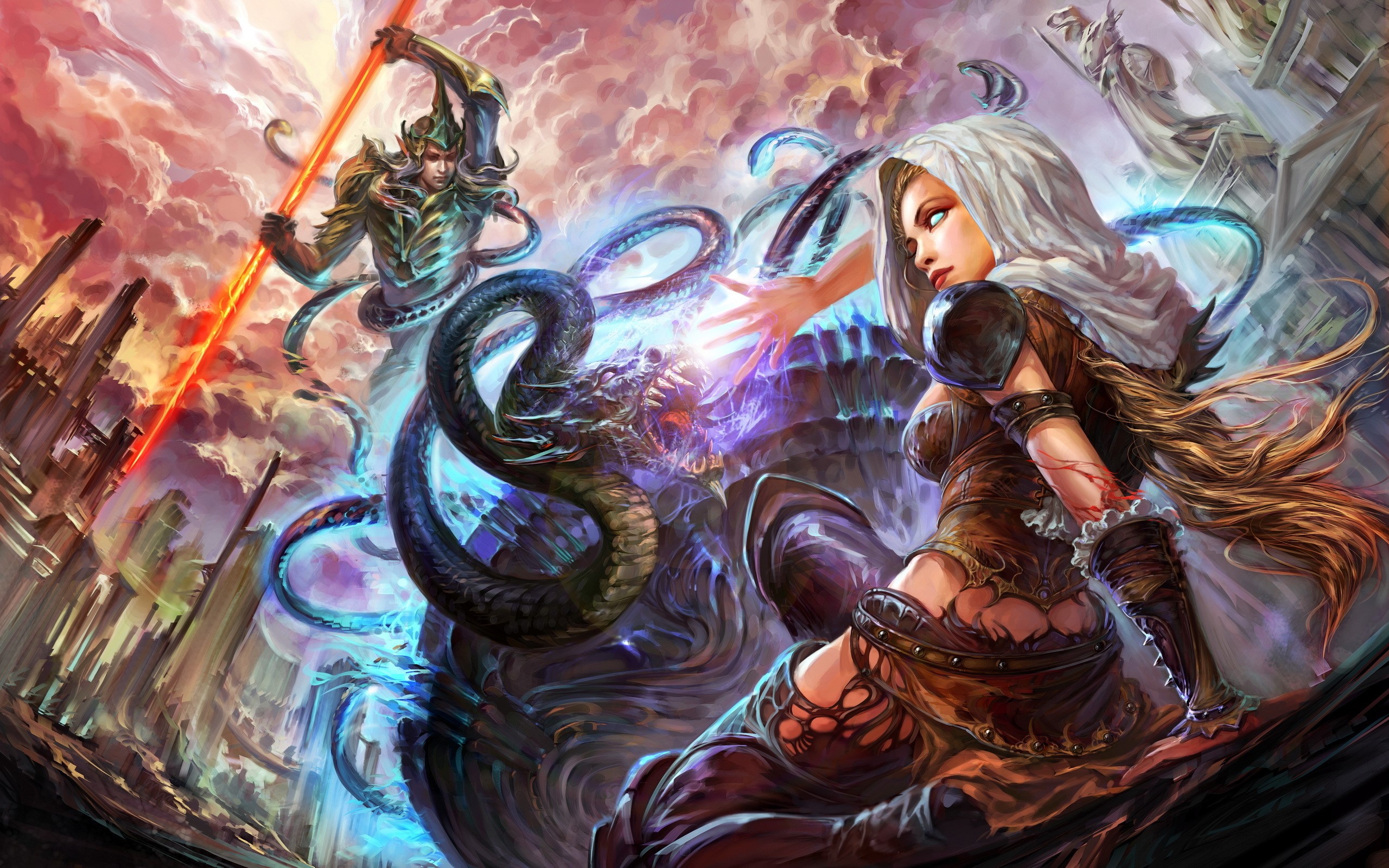 Forsaken World - Shenmo Online characters fighting a dragon HD Wallpaper
