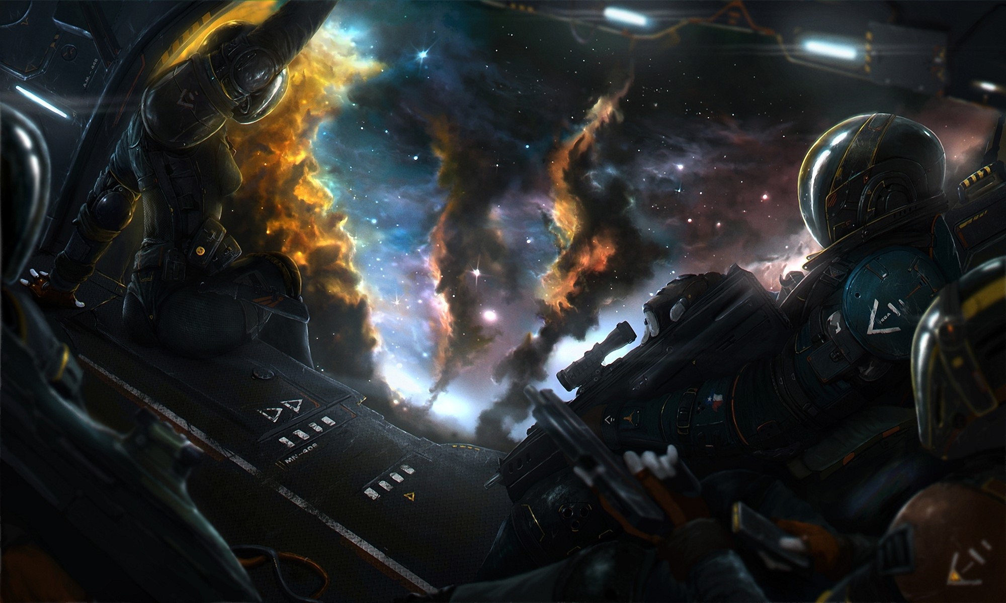 Astronauts in a spaceship looking at a nebula HD Wallpaper