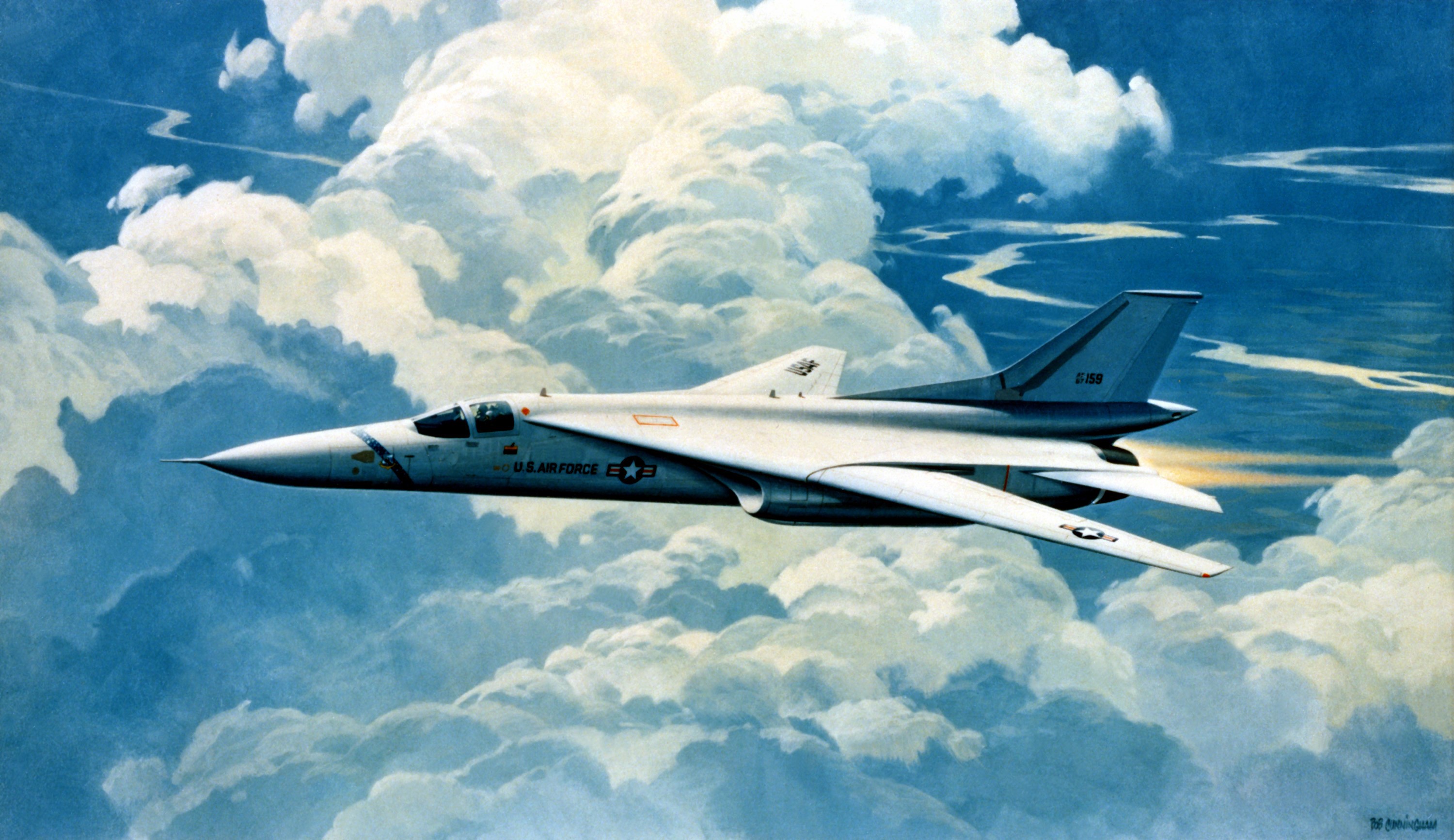 Painting of a U.S. Air Force bomber jet flying through clouds HD Wallpaper