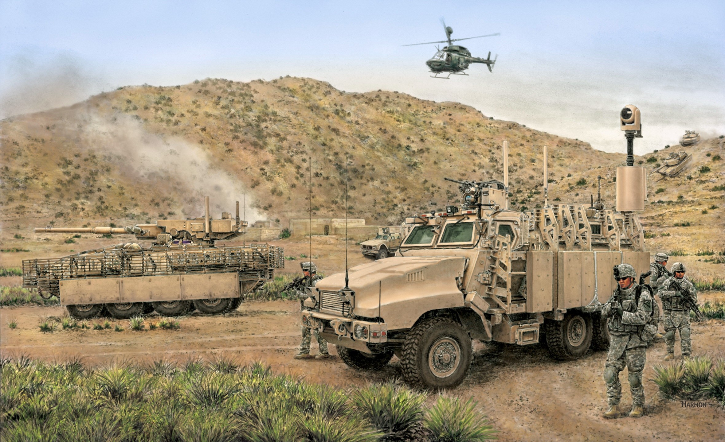 Military vehicles and soldiers in a desert landscape HD Wallpaper