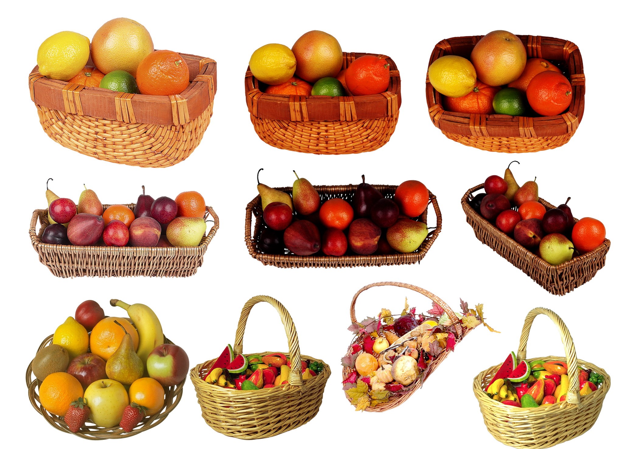 Various fruit baskets with lemons, grapefruits, oranges, pears, apples, and bananas HD Wallpaper