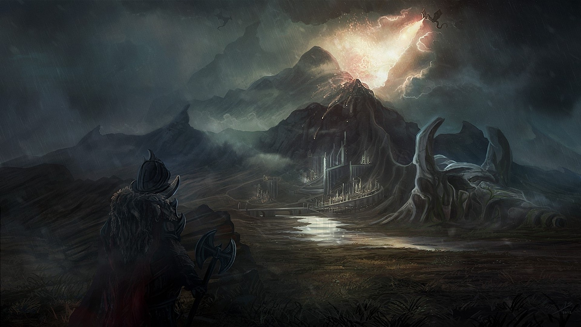 Warrior with axe facing a stormy mountain landscape with a castle HD Wallpaper