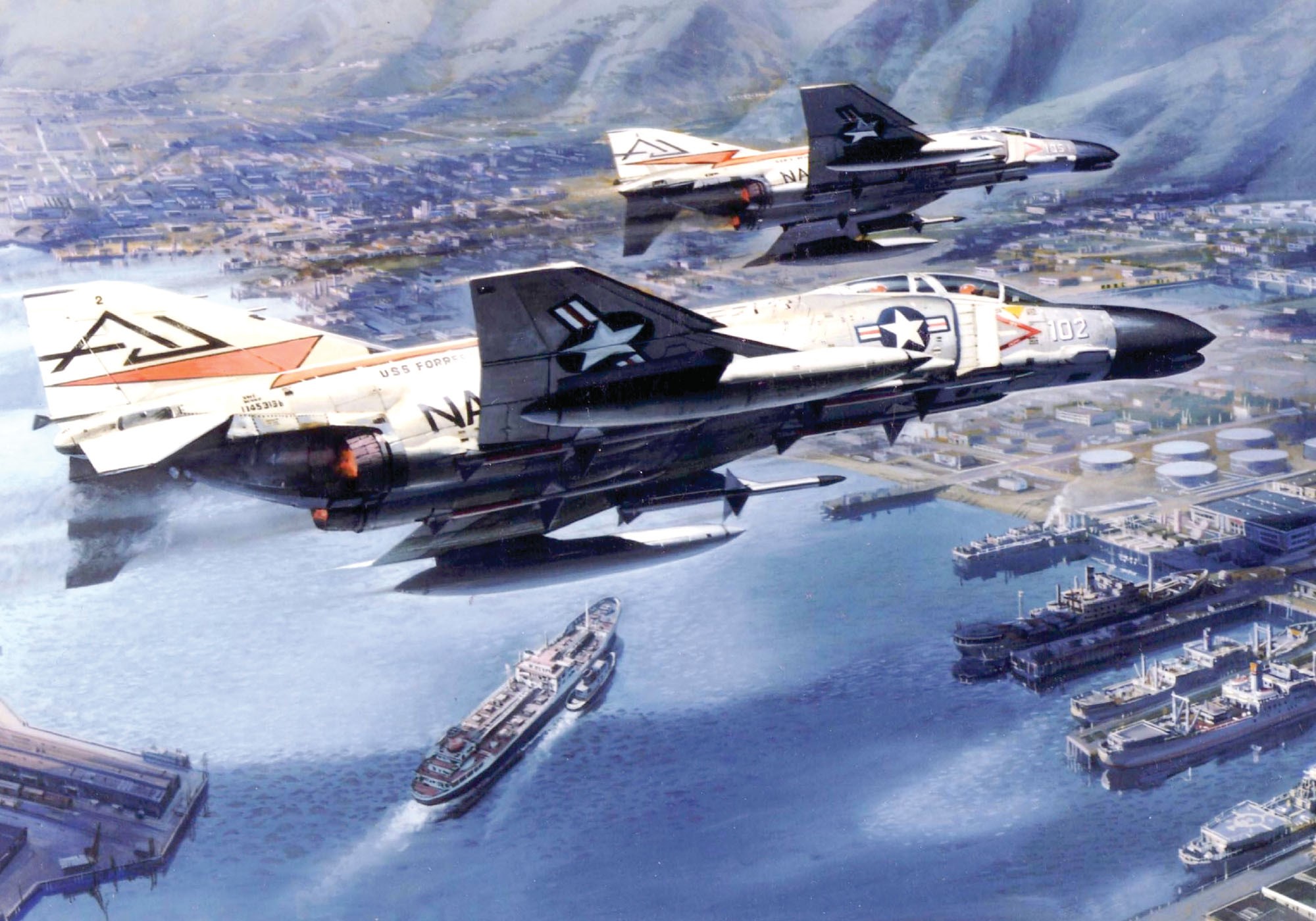 Two US Navy F-4 Phantom II fighter jets flying over a harbor HD Wallpaper