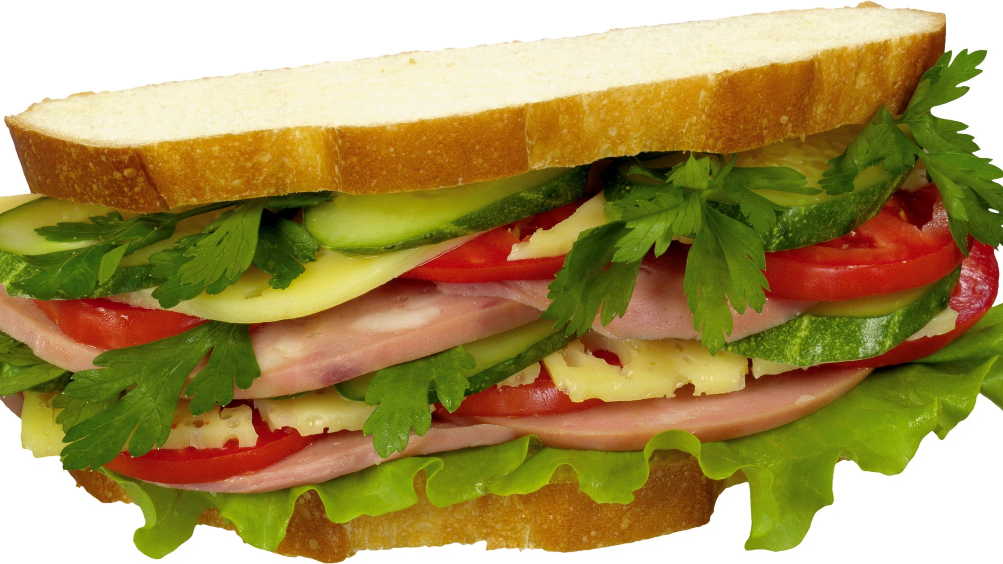 Sandwich with ham, cheese, tomato, cucumber, and lettuce HD Wallpaper