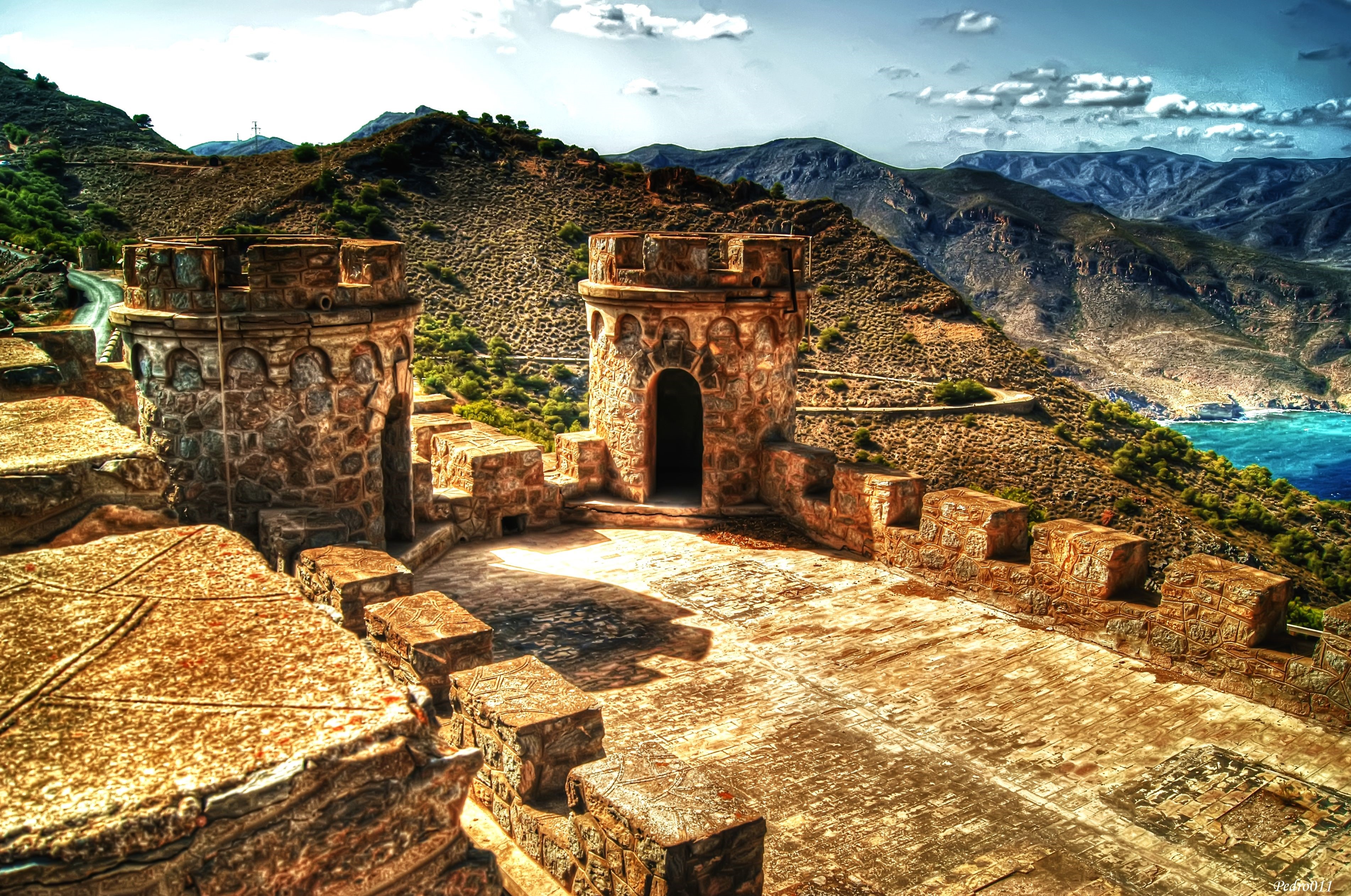 Castle towers overlooking the sea in Cartagena, Spain HD Wallpaper