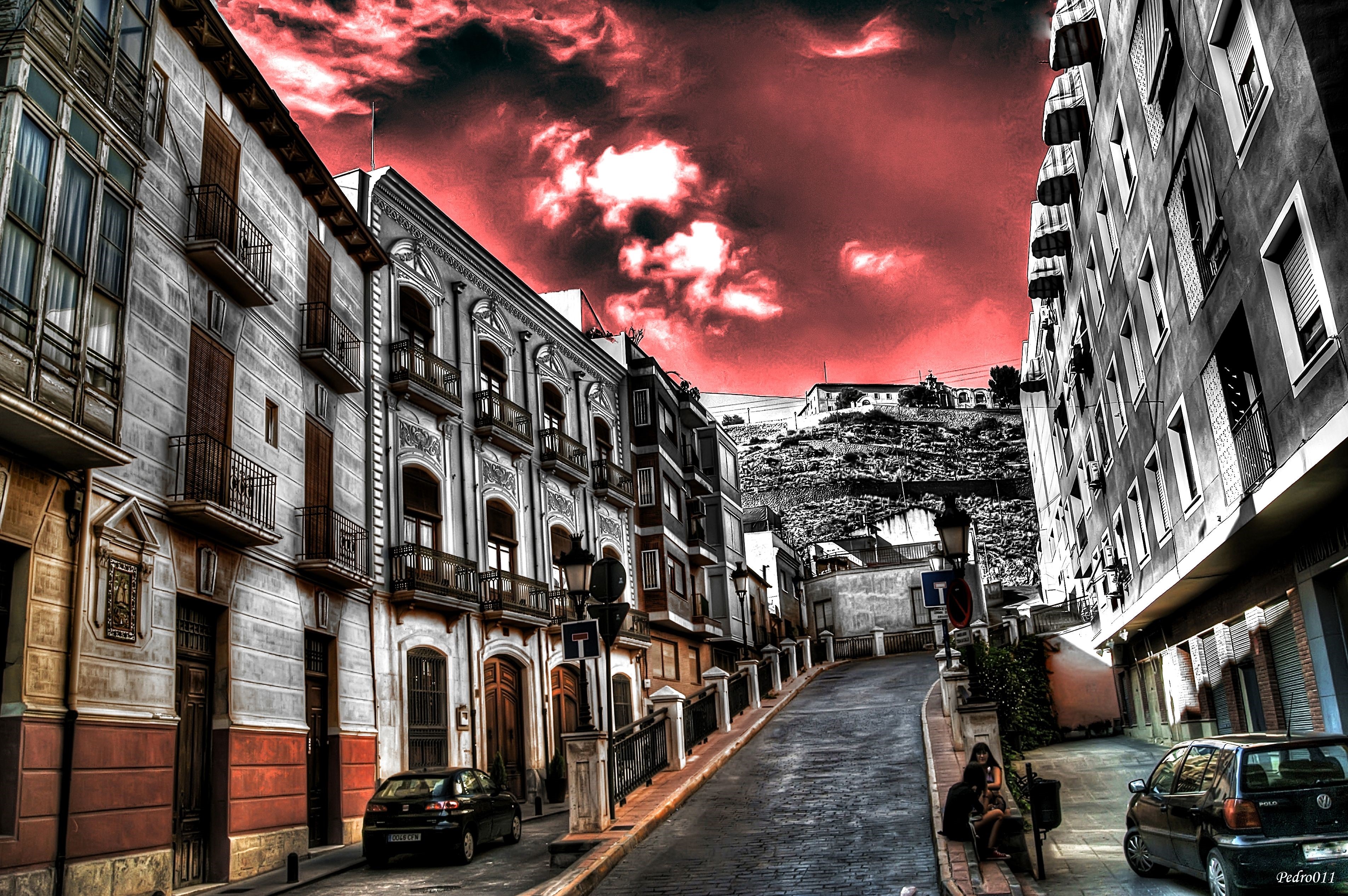 Street in Spain with Red Sky HD Wallpaper