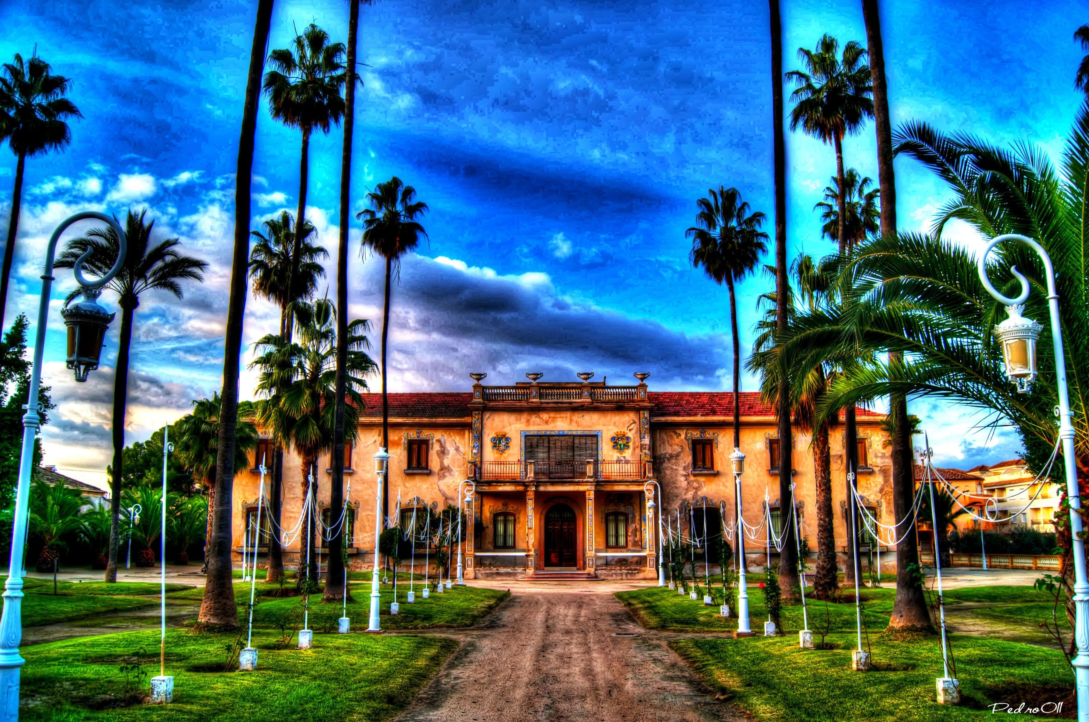 Building with palm trees and street lamps in Spain HD Wallpaper