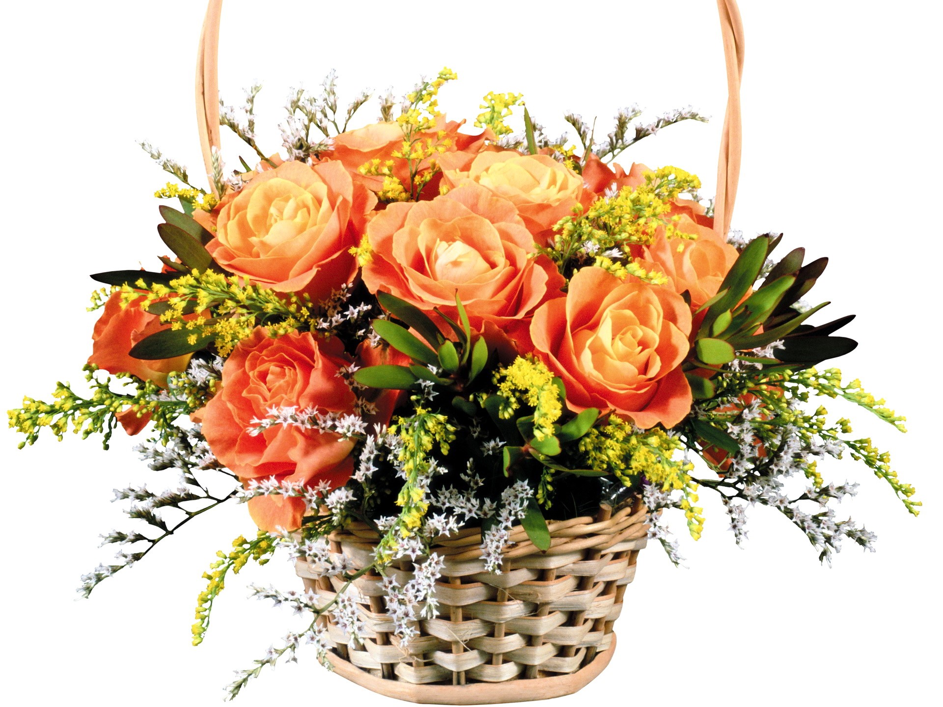 Orange roses in a woven basket HD Wallpaper