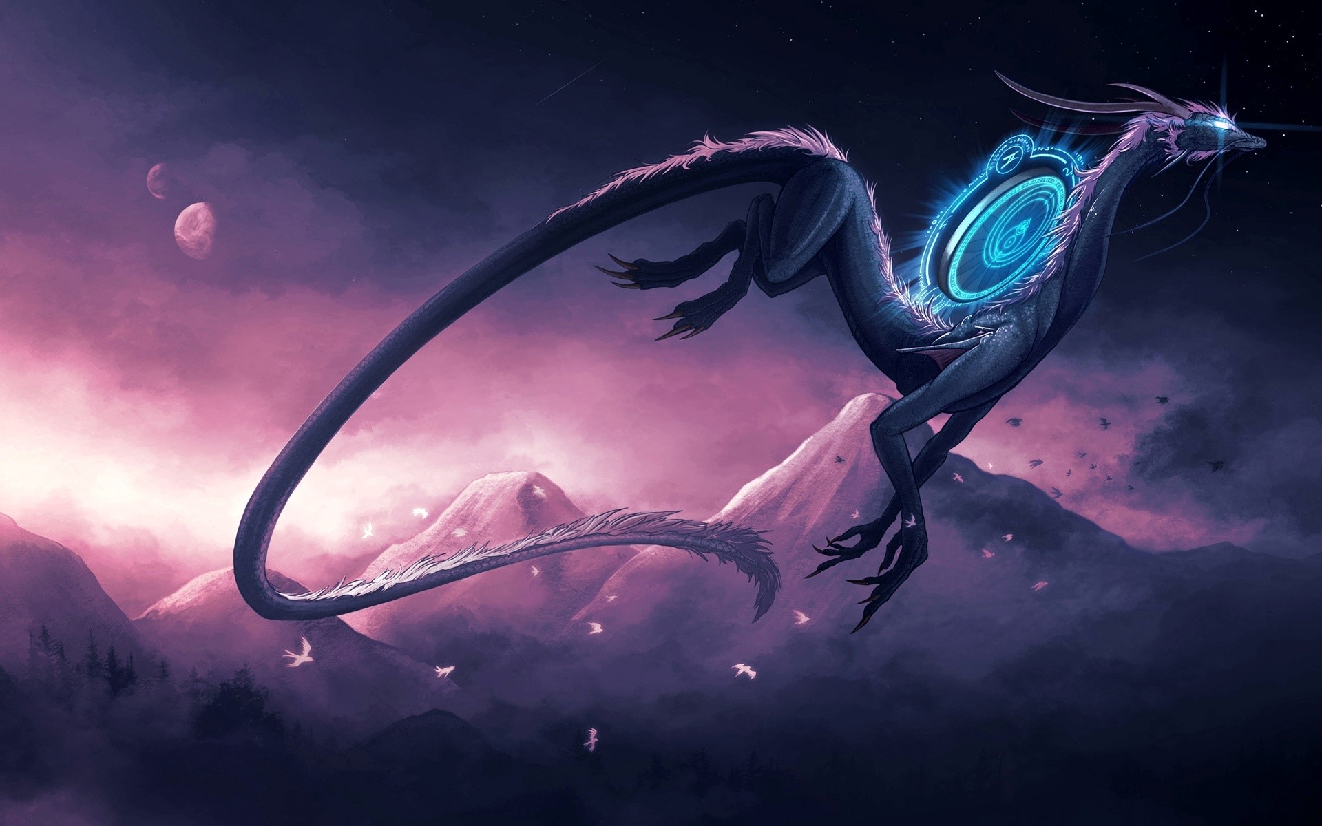 Dragon with glowing portal on its back flying over mountains HD Wallpaper