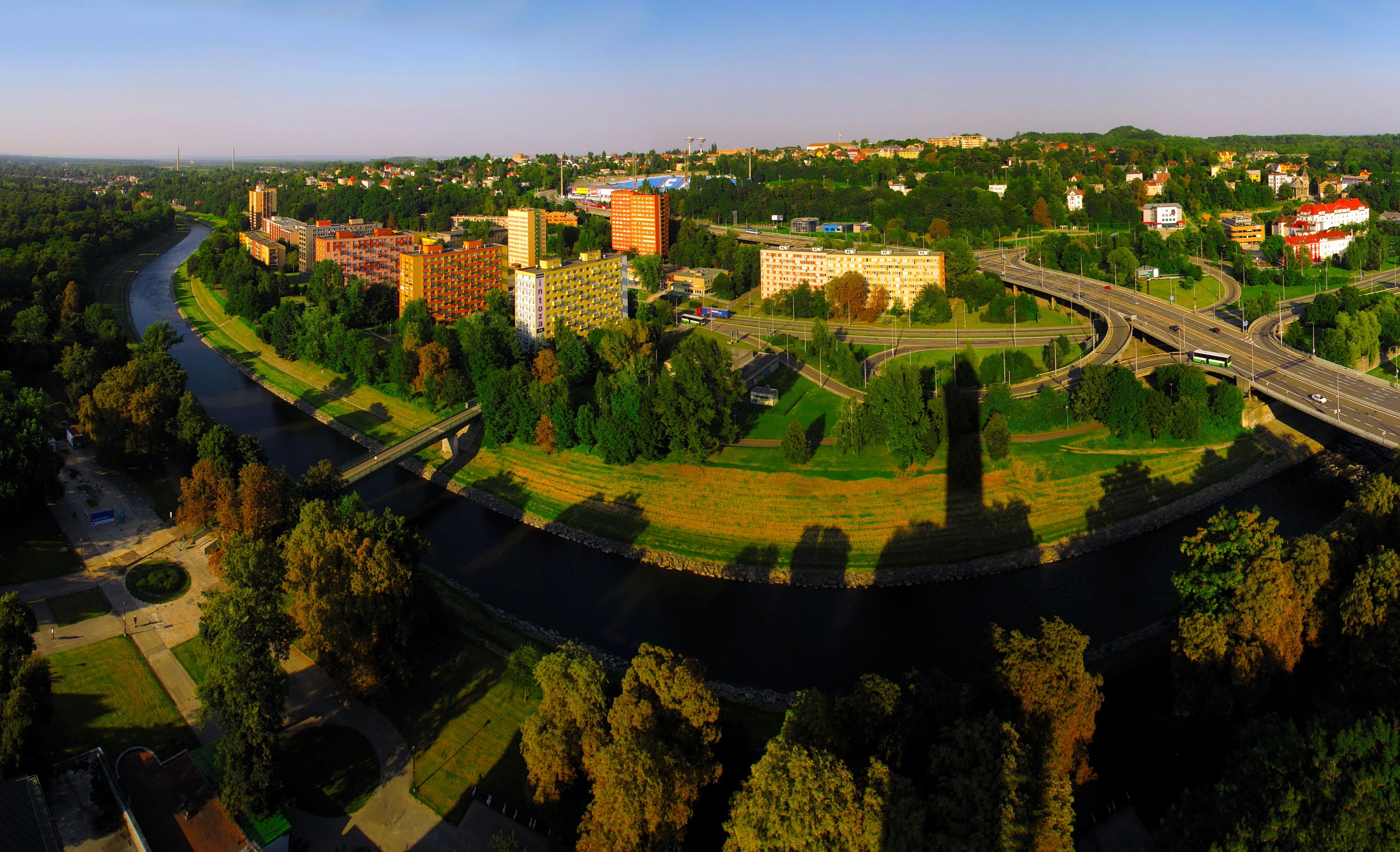 Ostrava, Czech Republic aerial view with river and highway HD Wallpaper