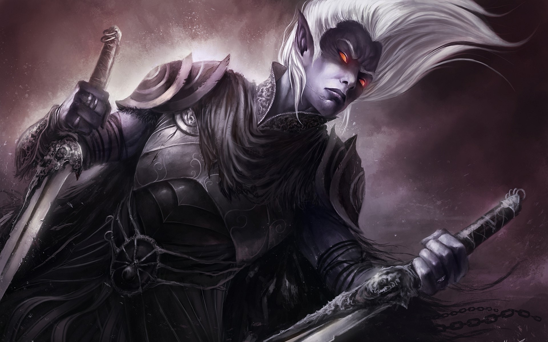 Dark Elf Warrior with Swords HD Wallpaper