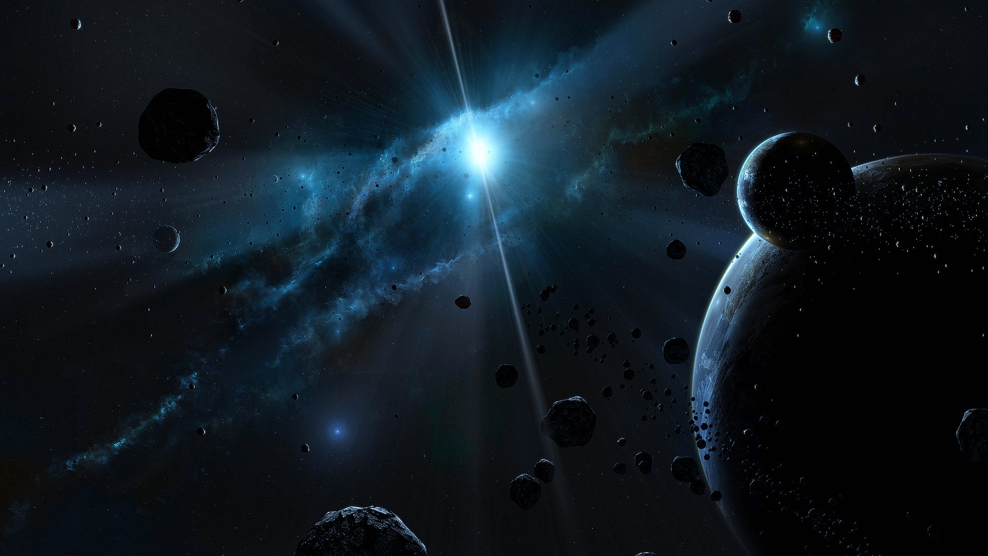 Asteroids and planets in deep space with bright nebula HD Wallpaper