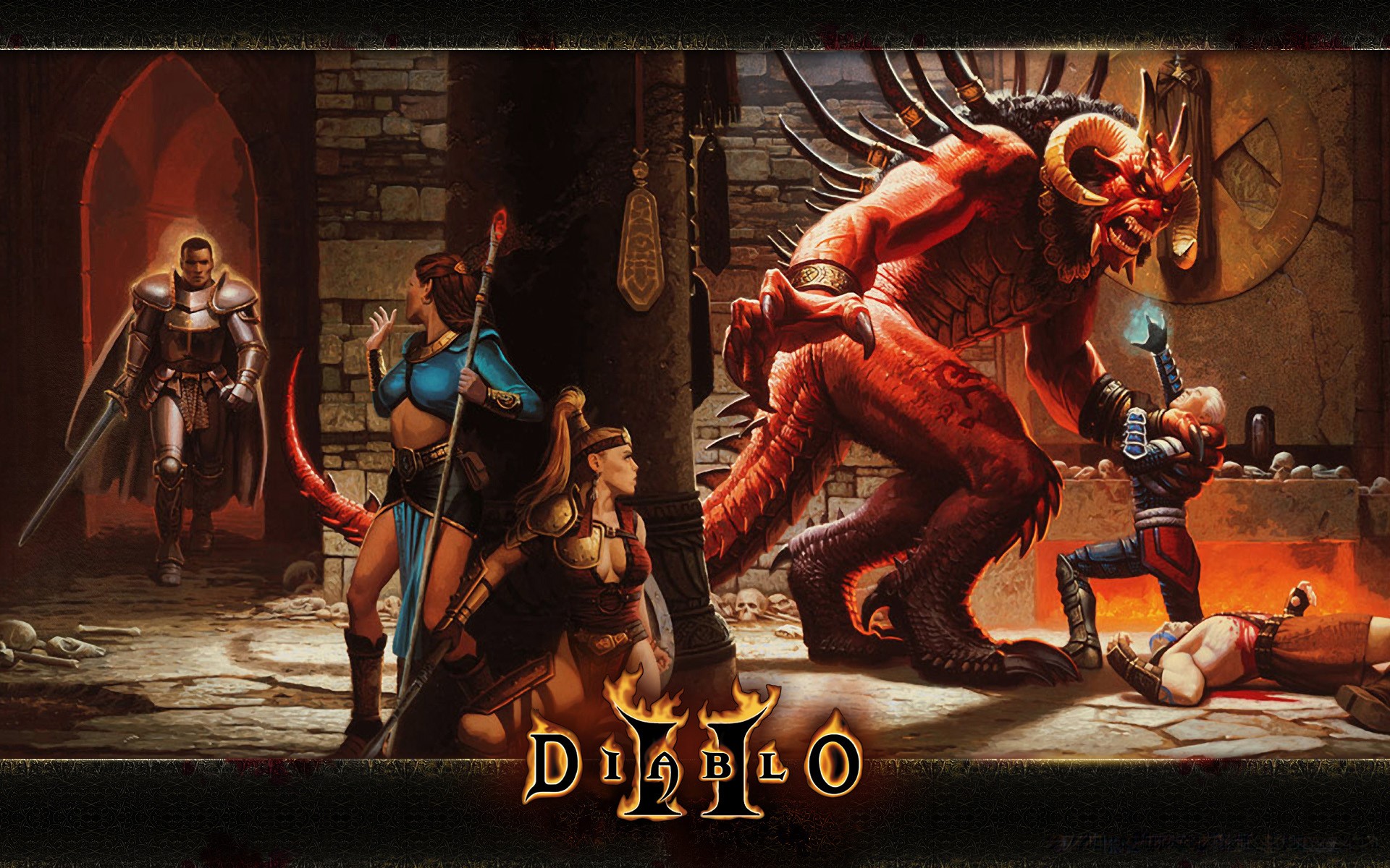 Diablo II: Characters fighting a demon HD Wallpaper