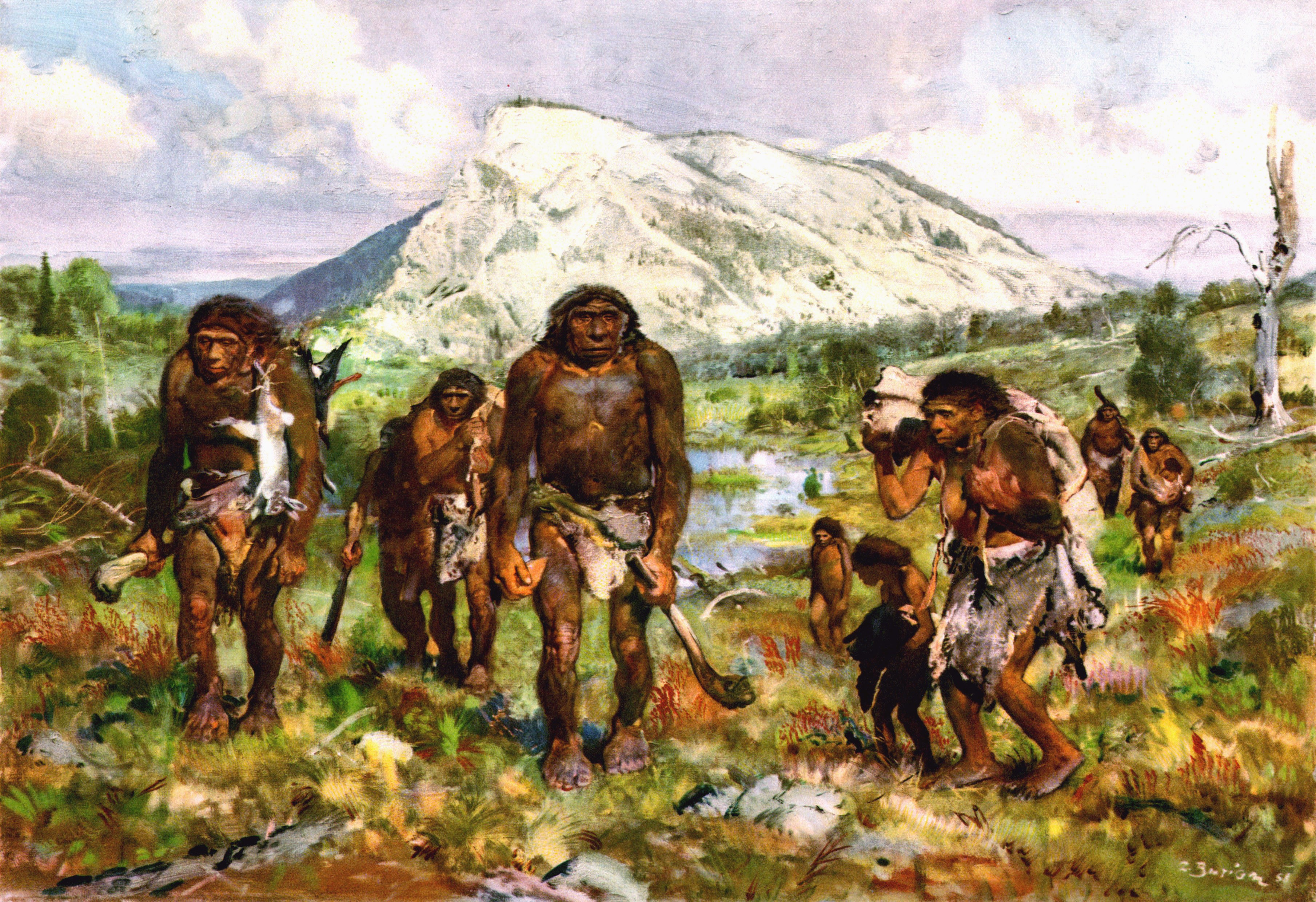 Prehistoric humans migrating through a landscape HD Wallpaper