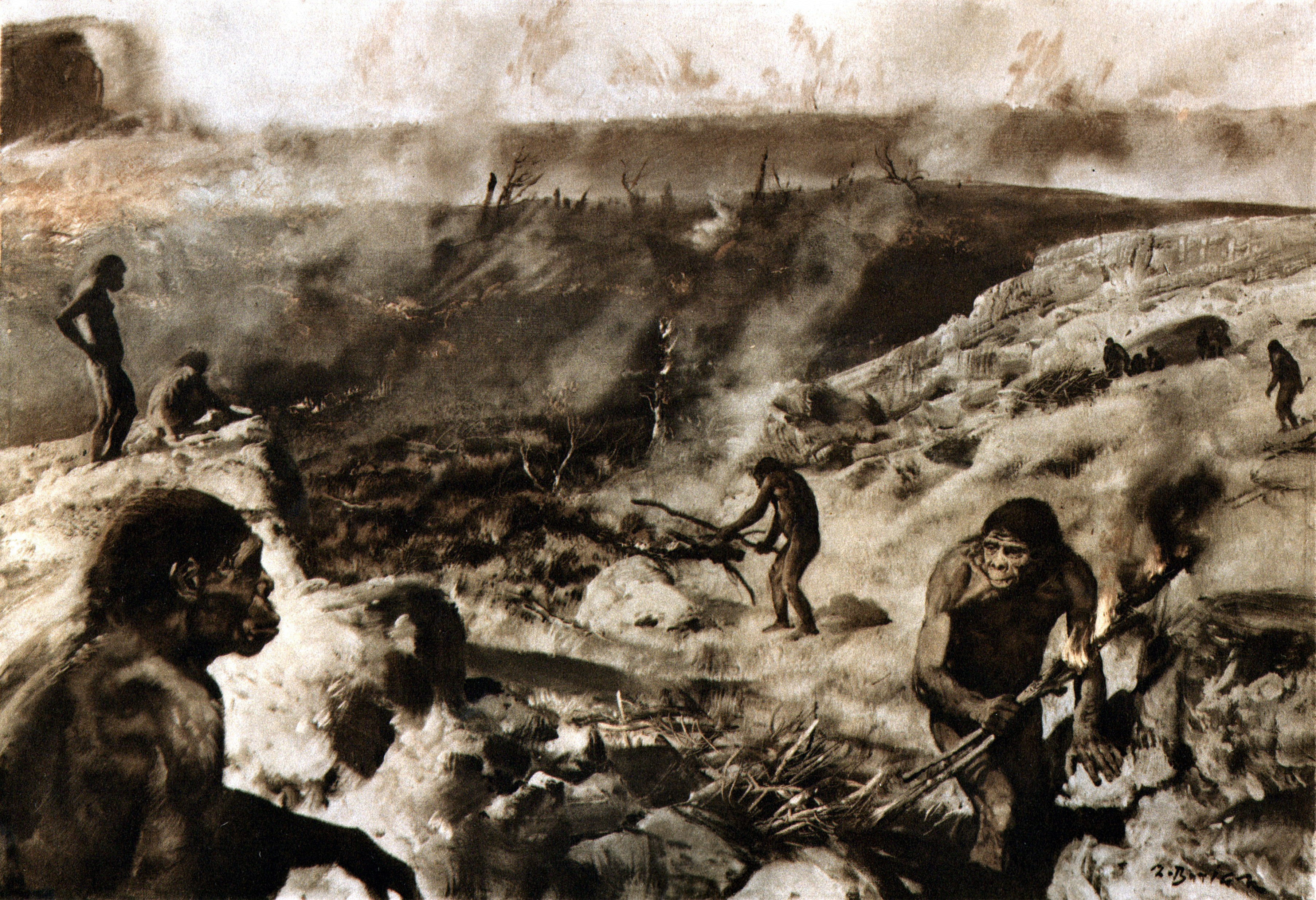 Zdenek Burian's painting of early humans obtaining fire HD Wallpaper
