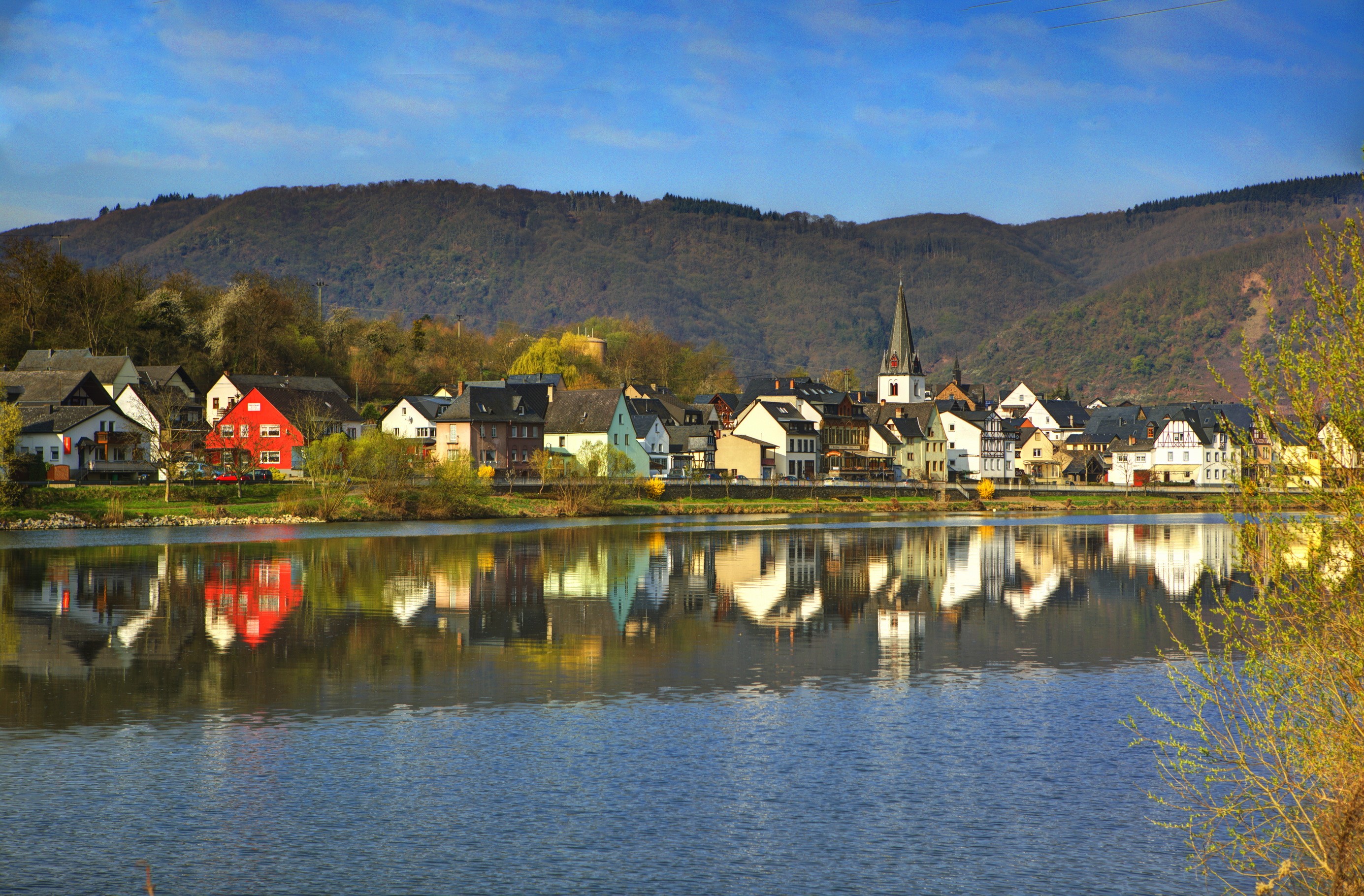 Village on a river in Germany HD Wallpaper