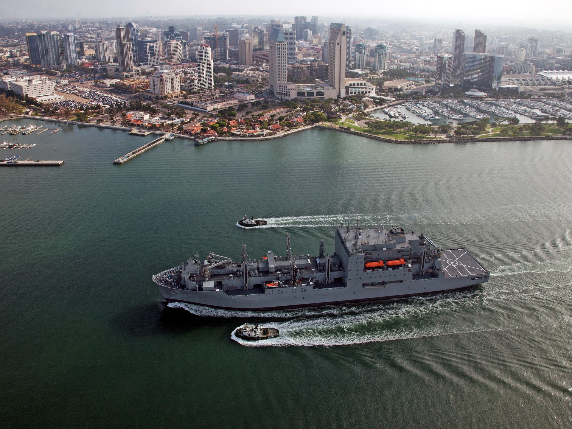 USNS Ship Sailing Near San Diego Skyline HD Wallpaper