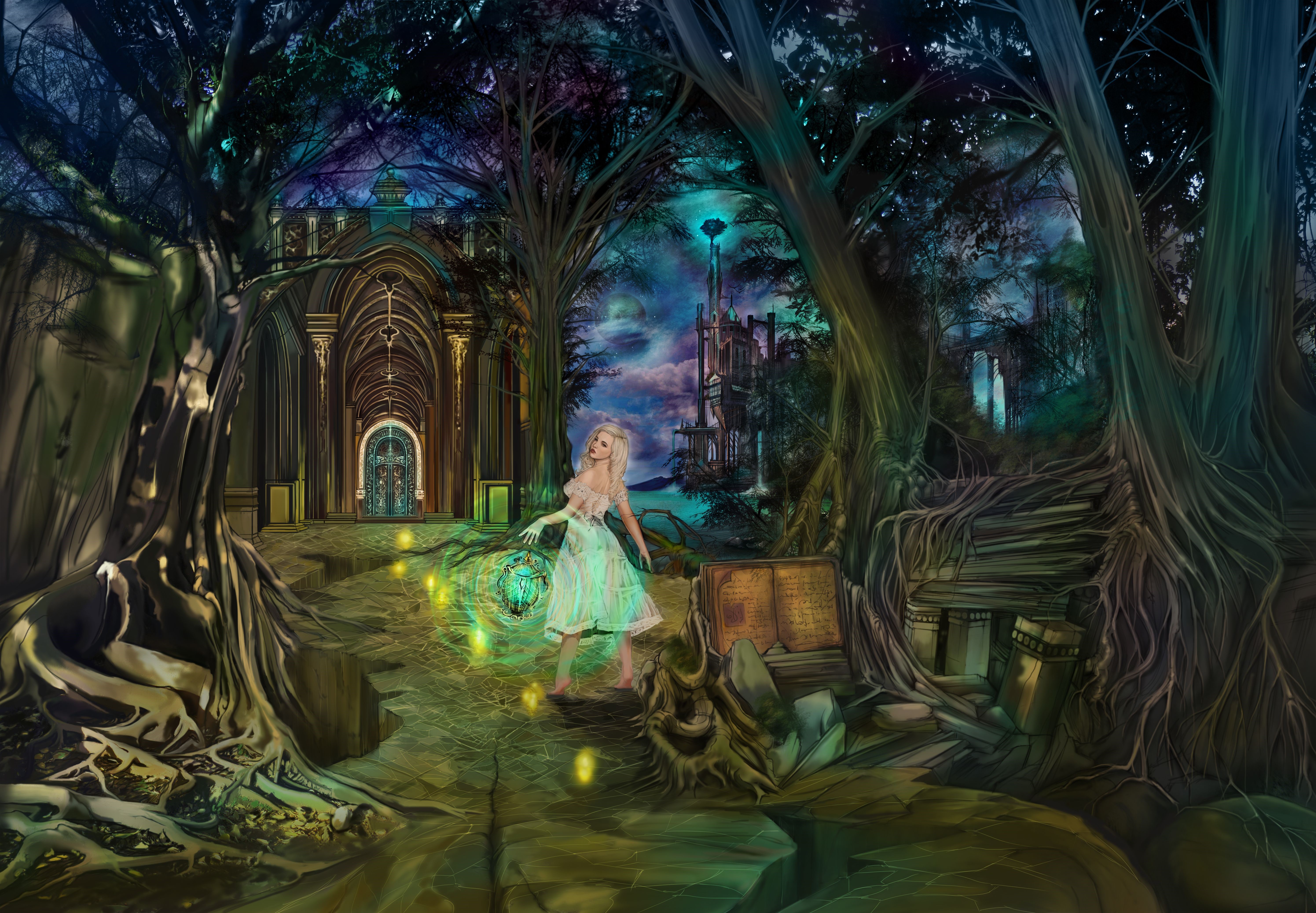 Gothic Fantasy Forest with Woman and Lantern HD Wallpaper