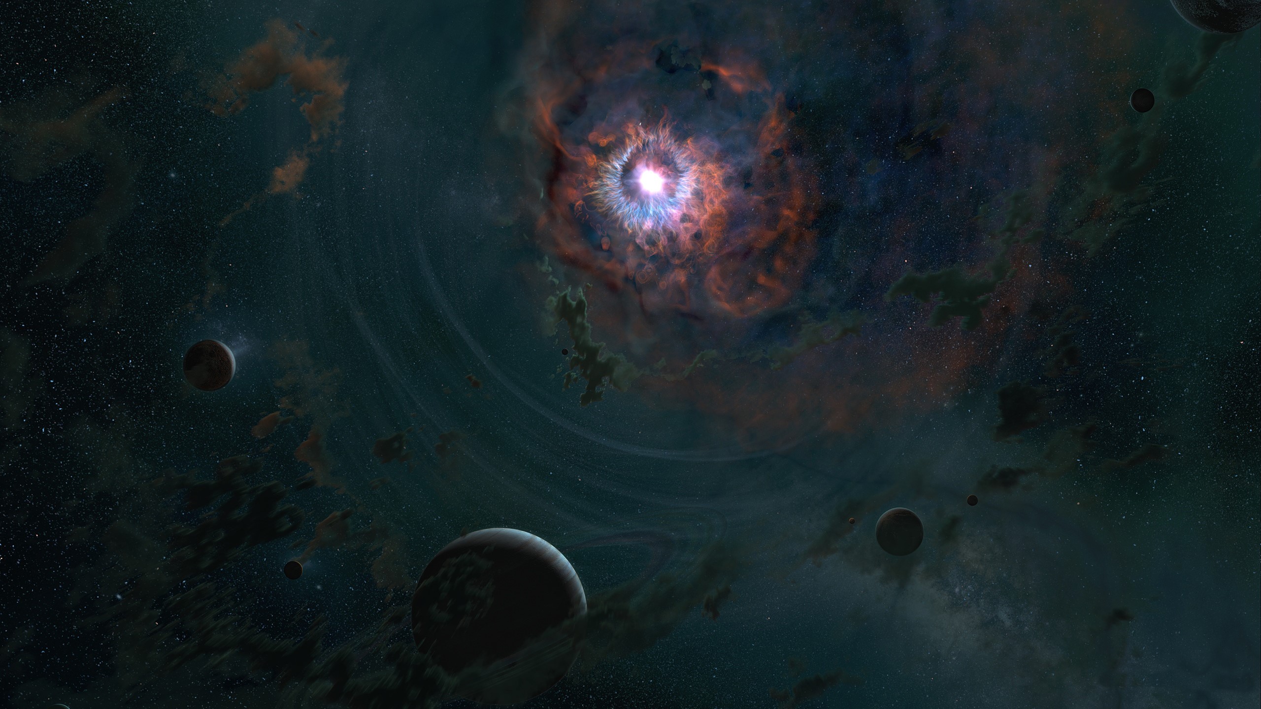 Cosmic nebula with planets and stars HD Wallpaper
