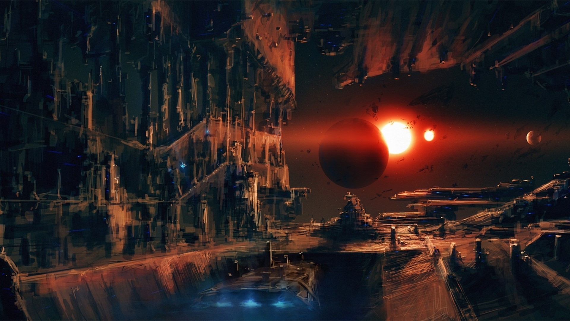 Sci-fi city with planets and sun HD Wallpaper