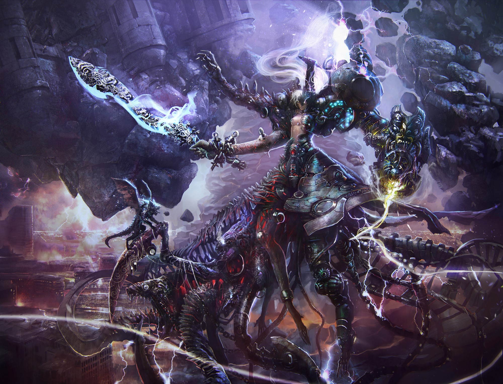 Monsters in a chaotic, stormy cityscape HD Wallpaper