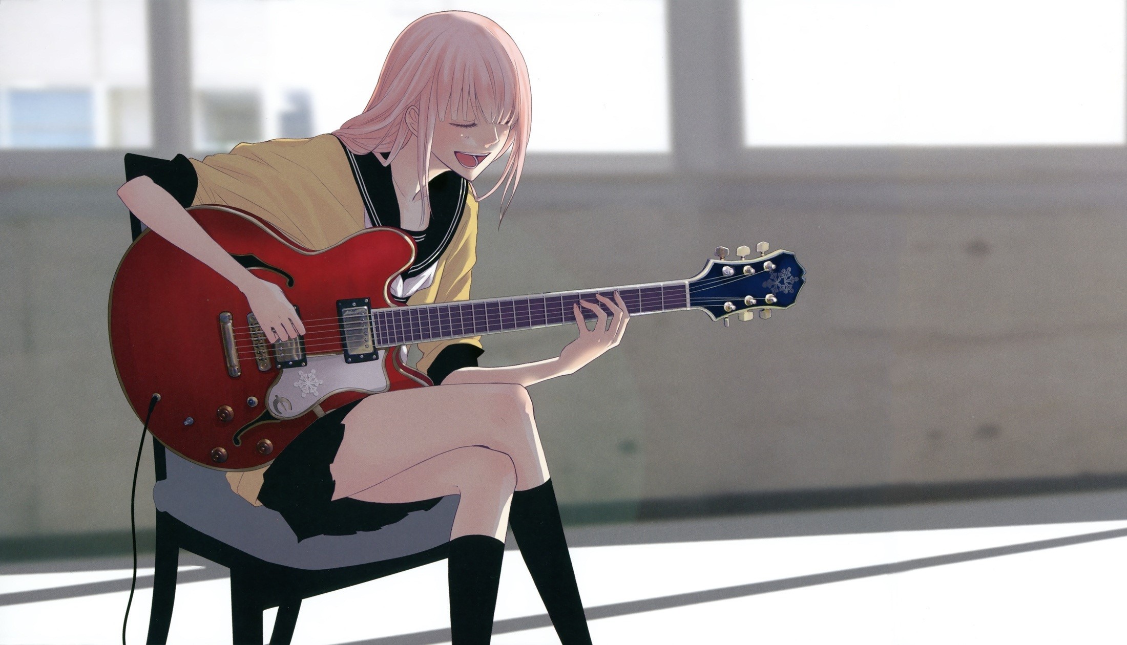 Girl playing a red electric guitar HD Wallpaper