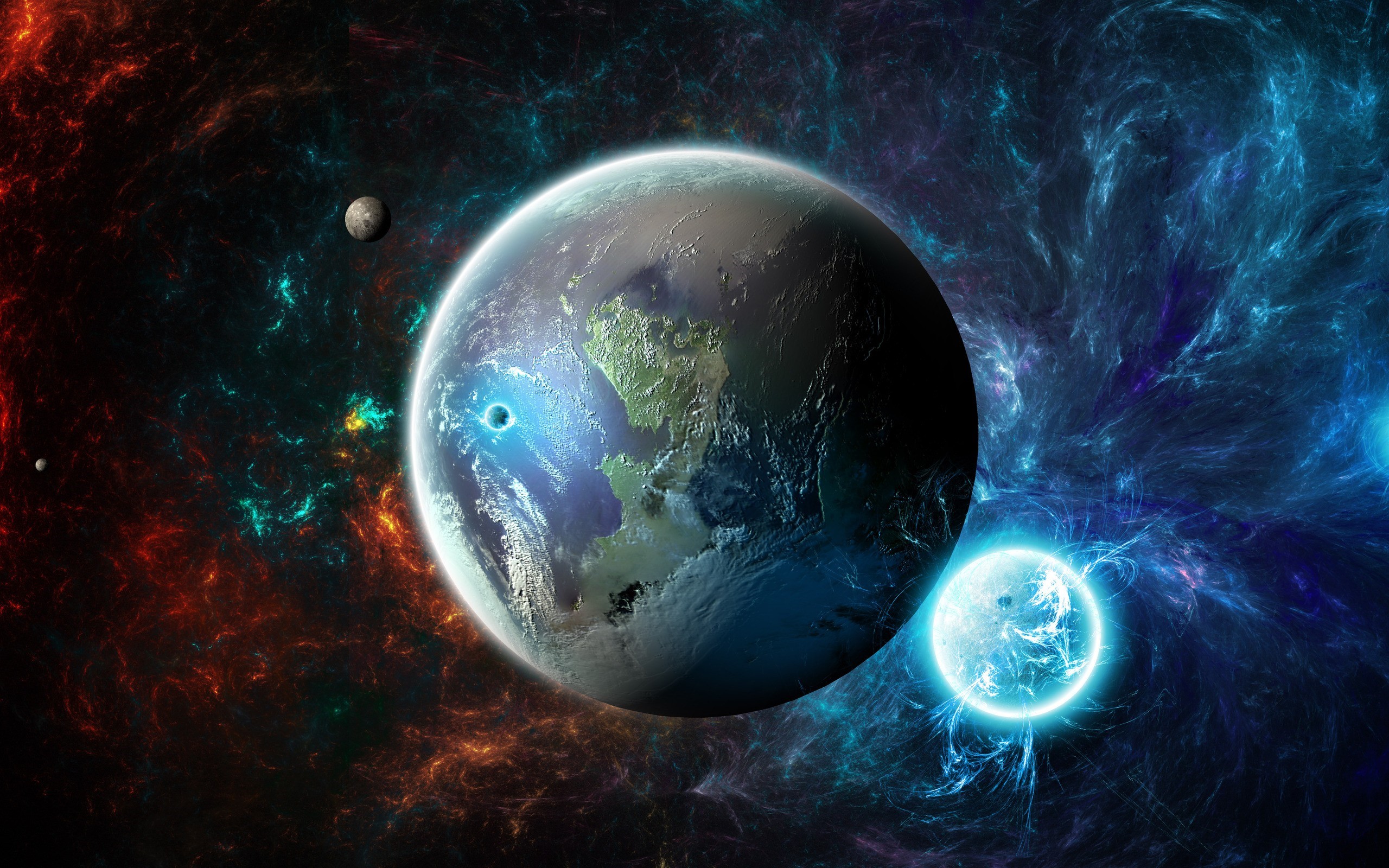 Planets and moons in colorful nebula HD Wallpaper